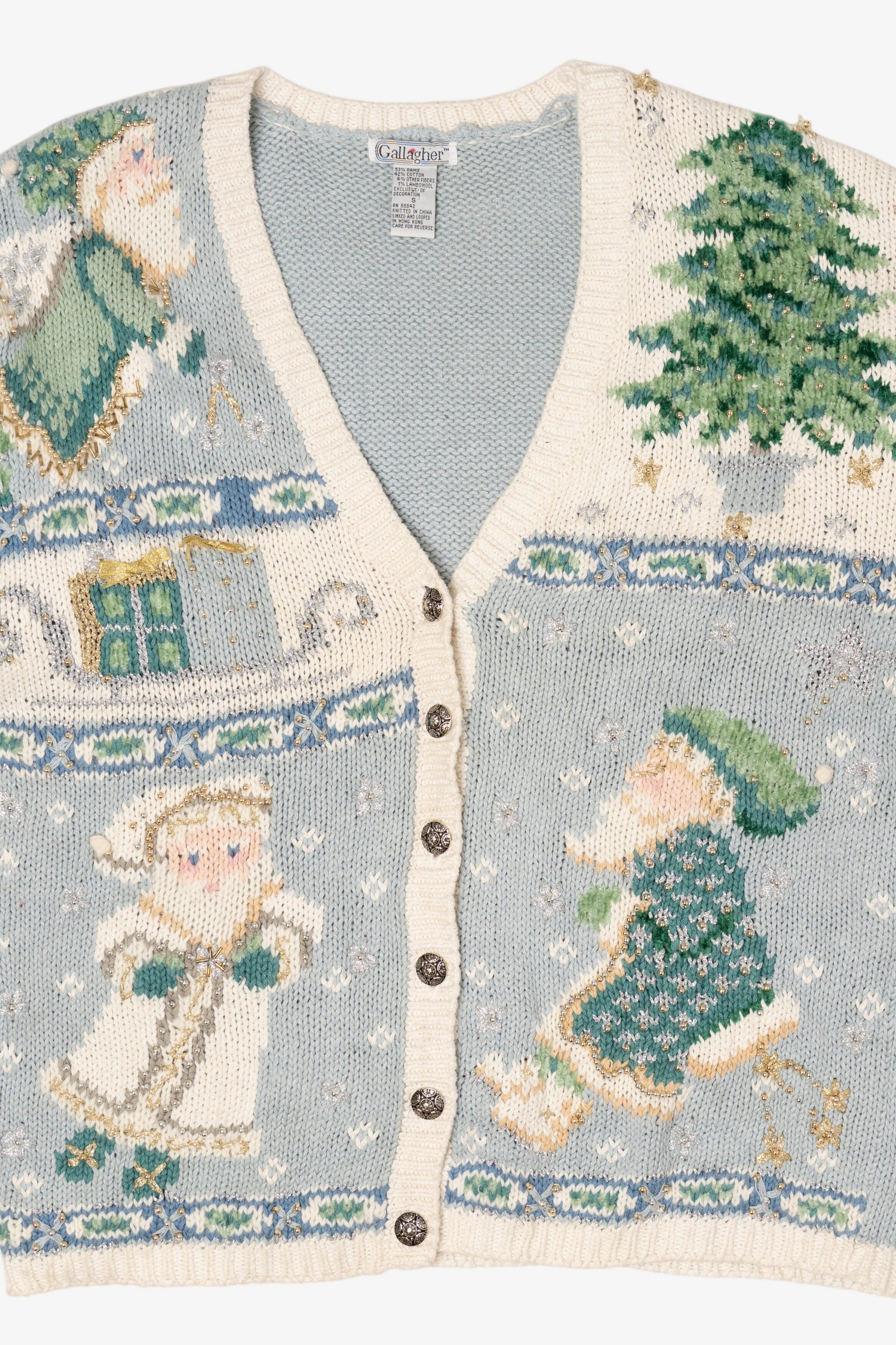 Vintage Light Blue Gallagher Santa Ugly Christmas Cardigan (1990s)