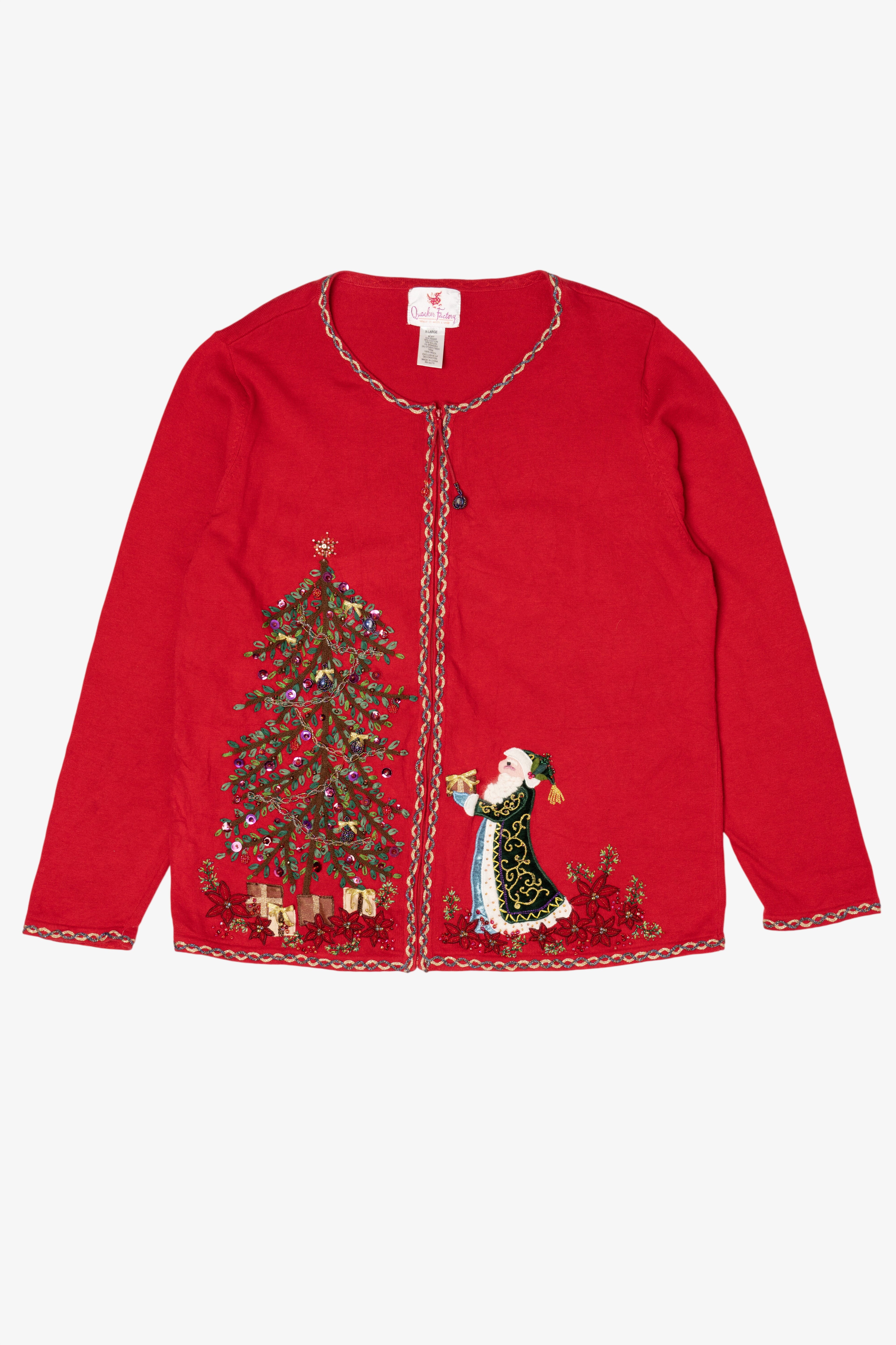 Vintage Y2k Lightweight Red Quacker Factory Santa Ugly Christmas Cardigan (2000s)