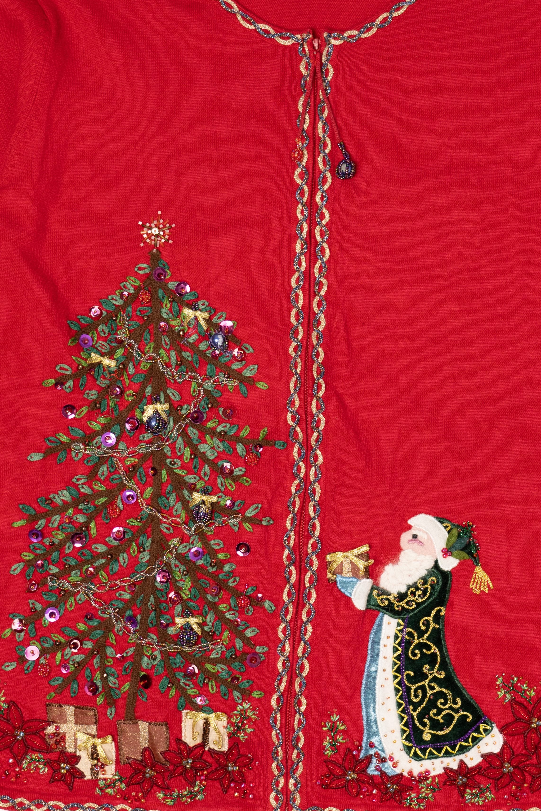 Vintage Y2k Lightweight Red Quacker Factory Santa Ugly Christmas Cardigan (2000s)