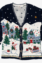 Vintage Navy Blue Nutcracker Winter Scene Ugly Christmas Cardigan (1990s)