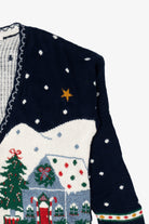 Vintage Navy Blue Nutcracker Winter Scene Ugly Christmas Cardigan (1990s)