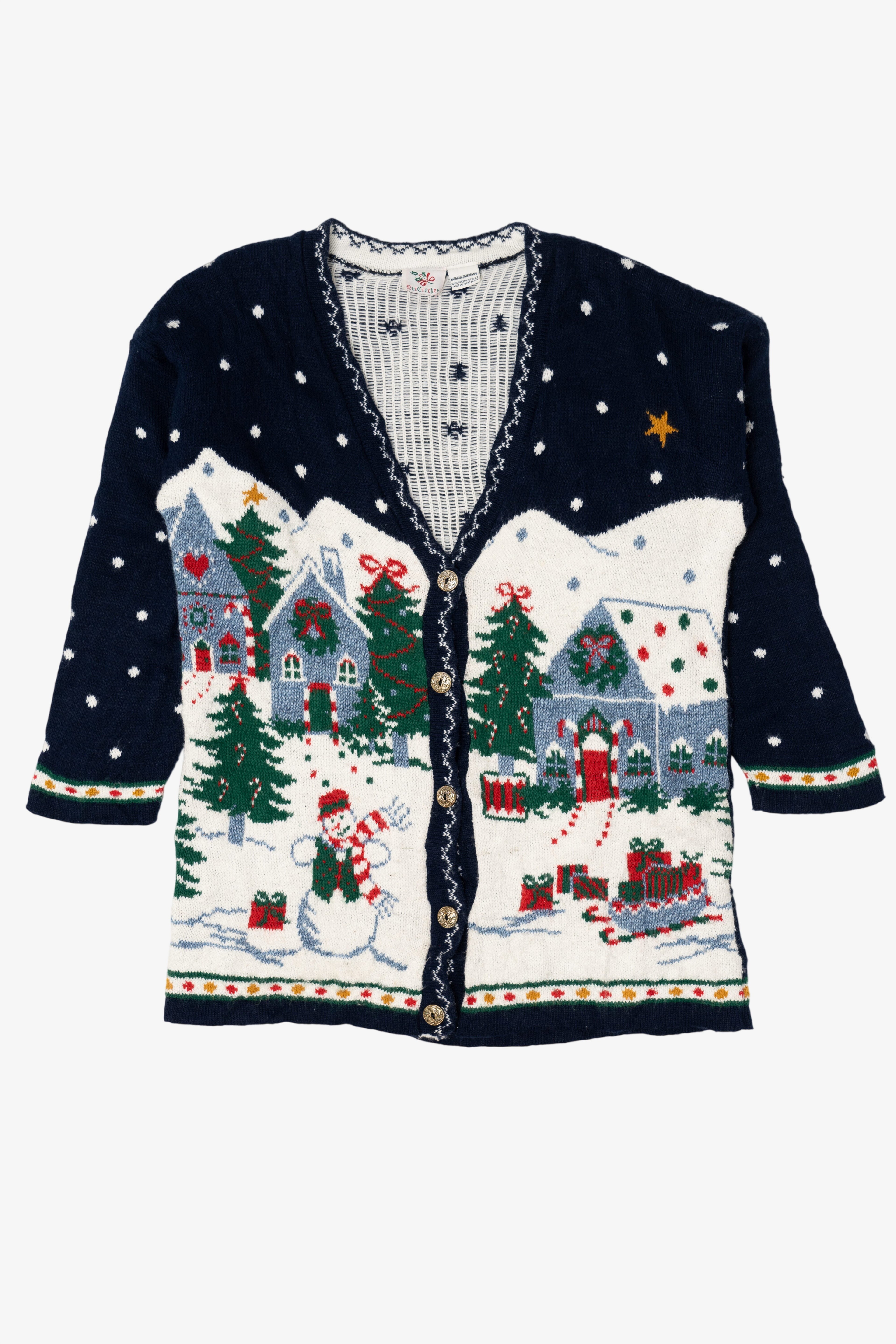 Vintage Navy Blue Nutcracker Winter Scene Ugly Christmas Cardigan (1990s)