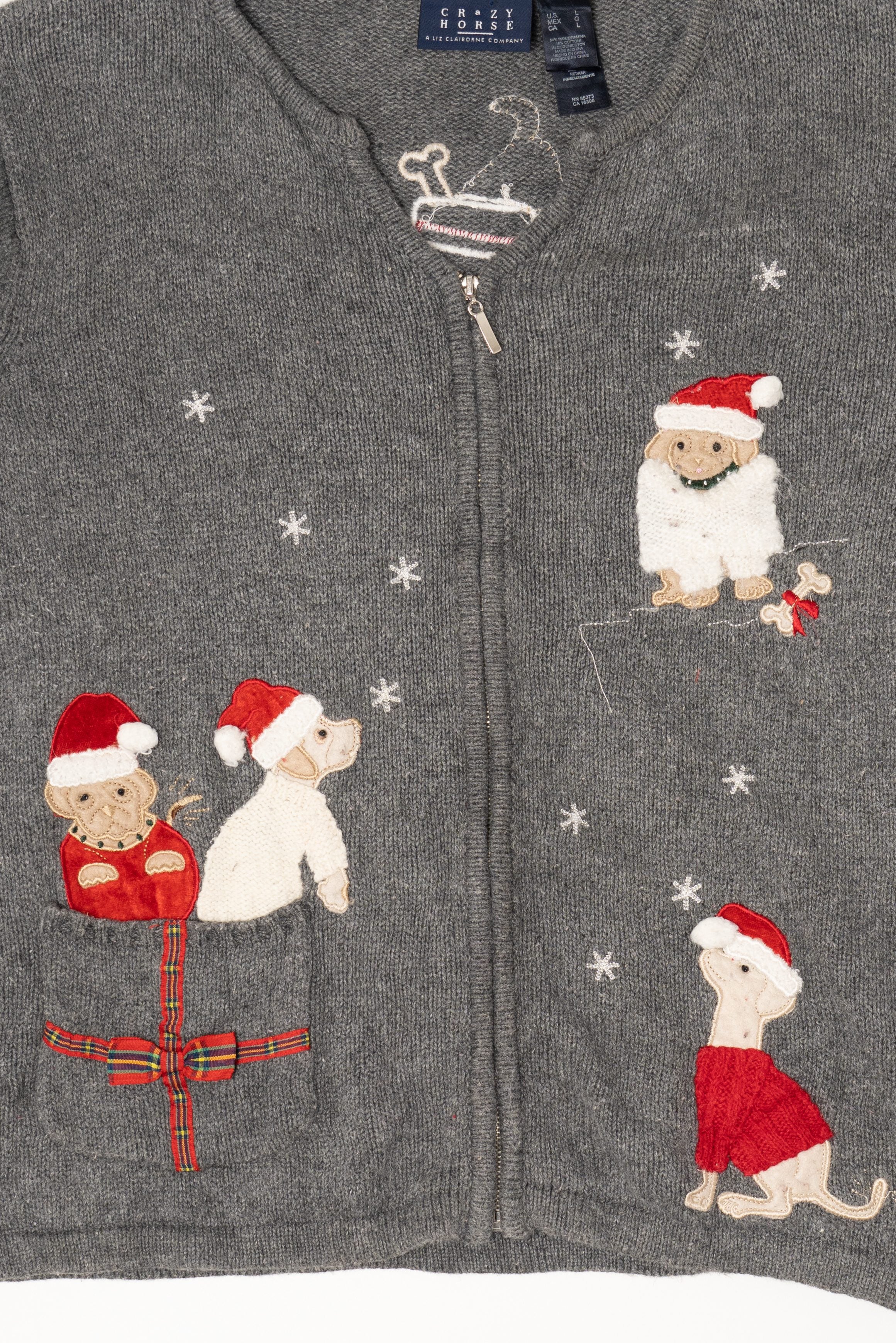 Vintage Gray Crazy Horse Dogs Ugly Christmas Cardigan (2000s)