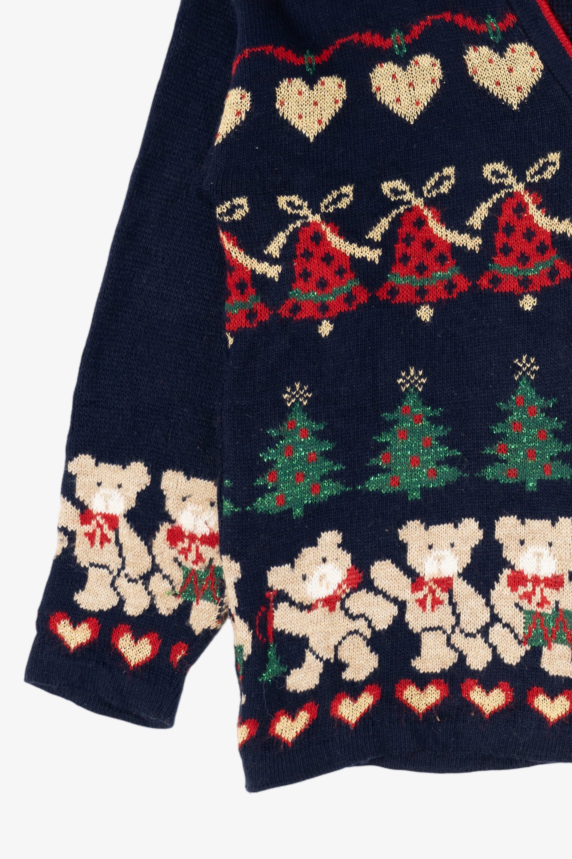 Vintage Navy Blue Nutcracker Teddy Bears Ugly Christmas Cardigan (1980s)