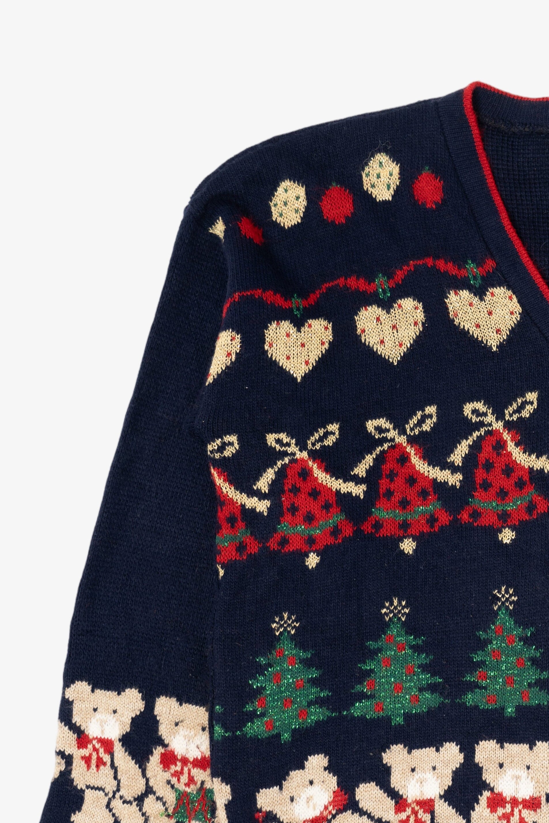 Vintage Navy Blue Nutcracker Teddy Bears Ugly Christmas Cardigan (1980s)