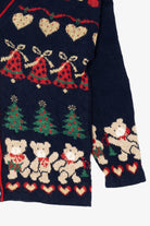 Vintage Navy Blue Nutcracker Teddy Bears Ugly Christmas Cardigan (1980s)