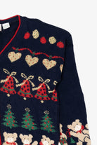 Vintage Navy Blue Nutcracker Teddy Bears Ugly Christmas Cardigan (1980s)