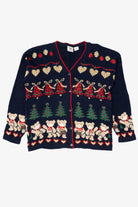 Vintage Navy Blue Nutcracker Teddy Bears Ugly Christmas Cardigan (1980s)