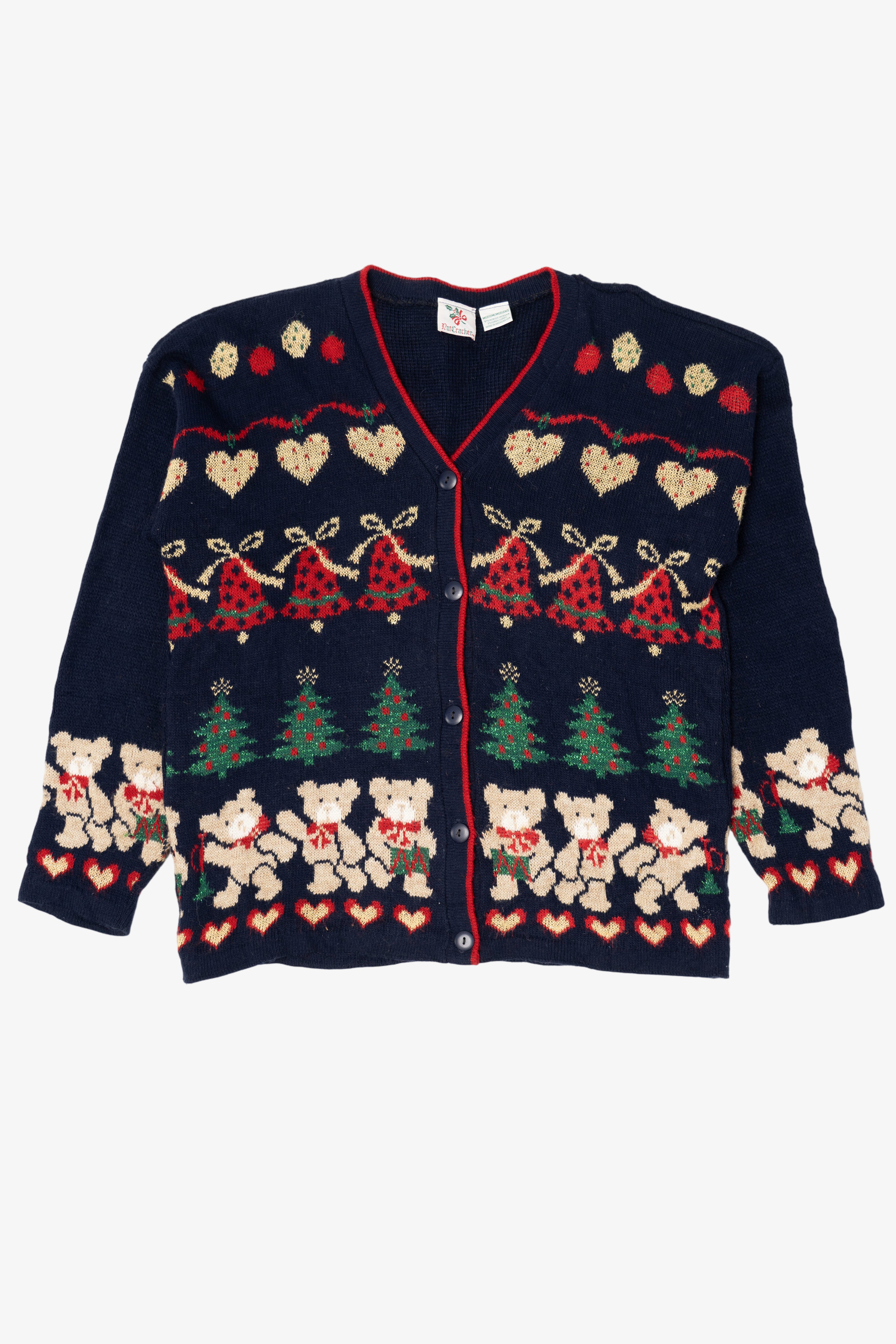 Vintage Navy Blue Nutcracker Teddy Bears Ugly Christmas Cardigan (1980s)