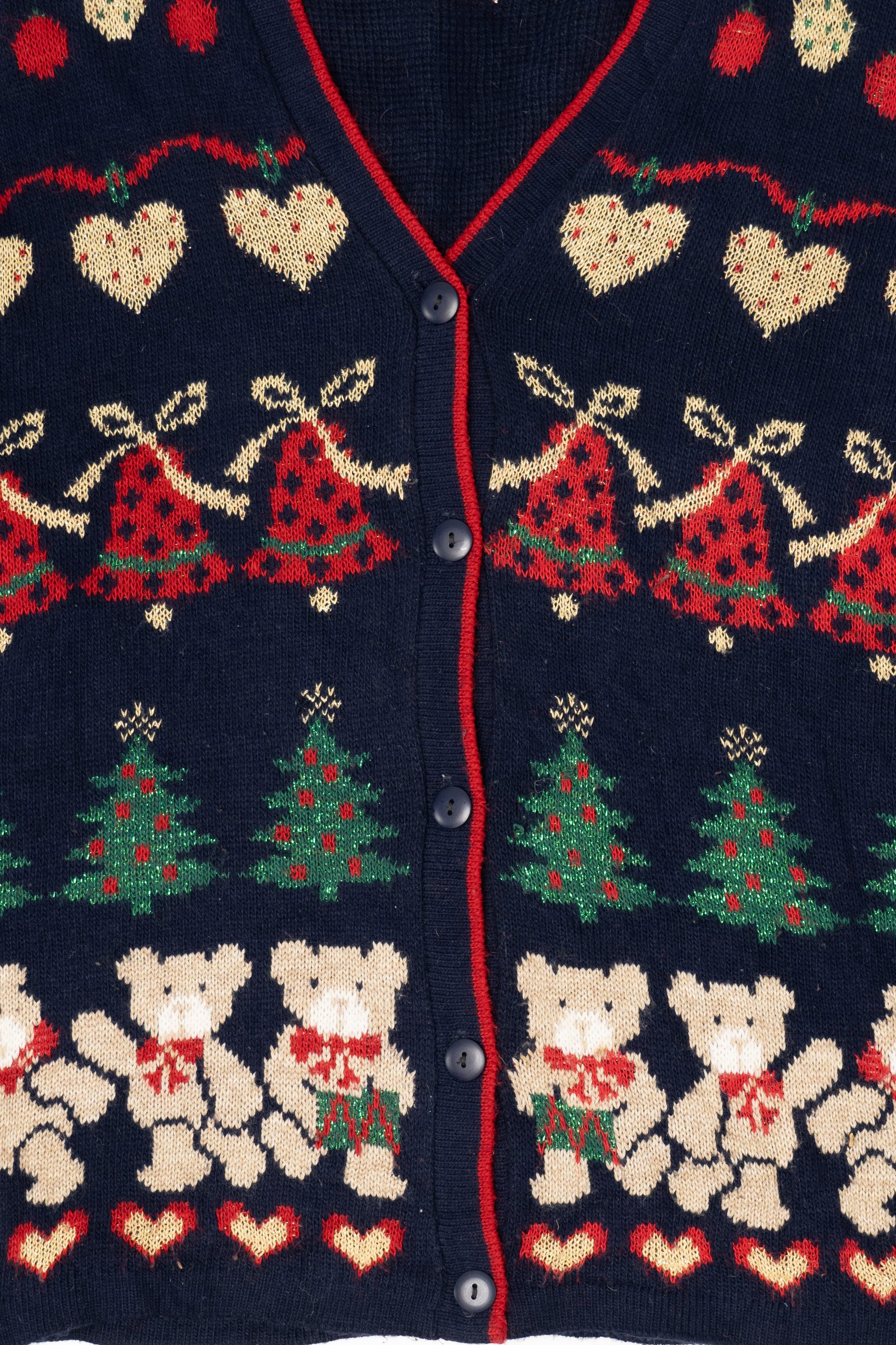 Vintage Navy Blue Nutcracker Teddy Bears Ugly Christmas Cardigan (1980s)