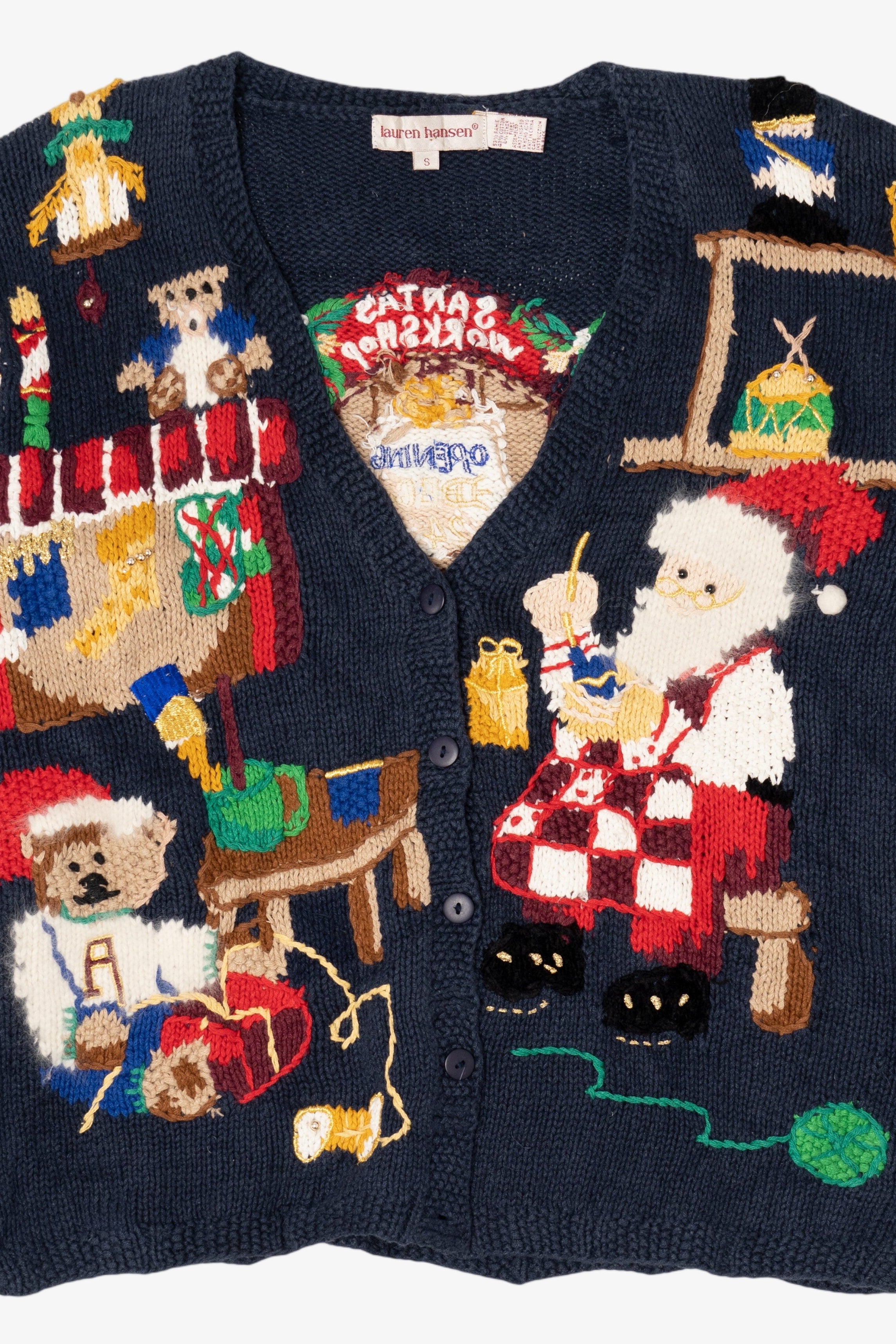 Vintage Navy Blue Lauren Hansen Santa's Workshop Ugly Christmas Cardigan (1990s)