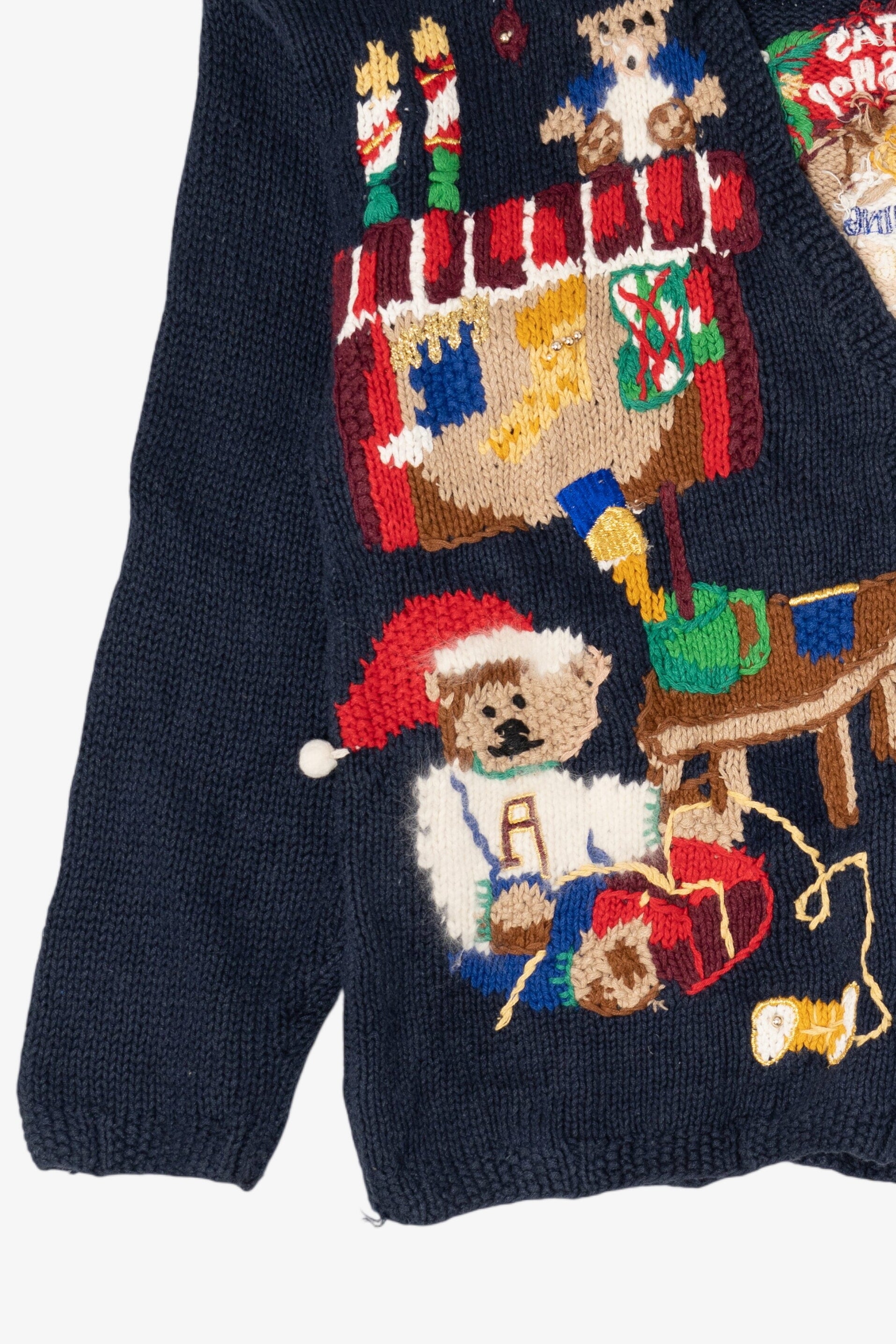 Vintage Navy Blue Lauren Hansen Santa's Workshop Ugly Christmas Cardigan (1990s)