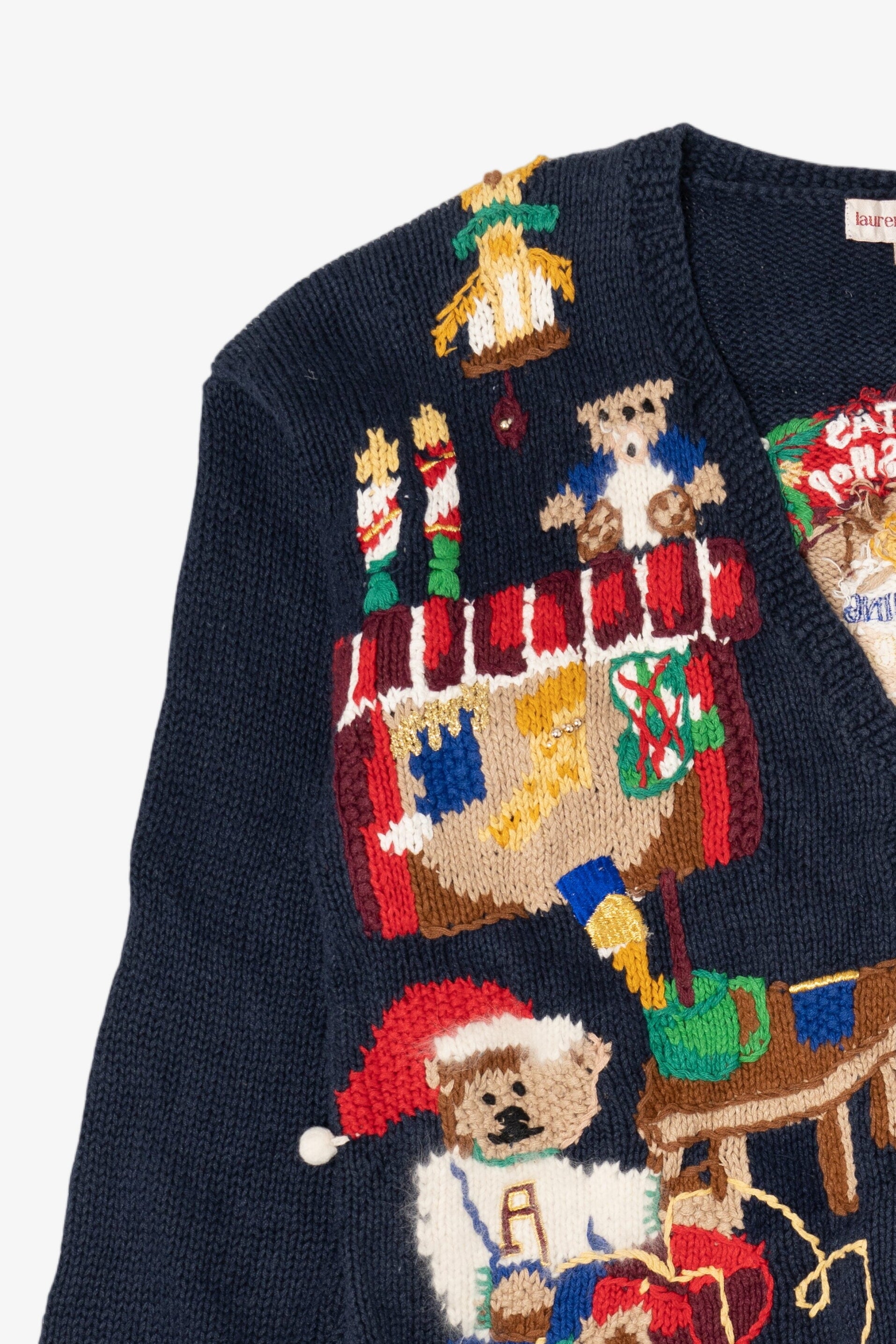 Vintage Navy Blue Lauren Hansen Santa's Workshop Ugly Christmas Cardigan (1990s)