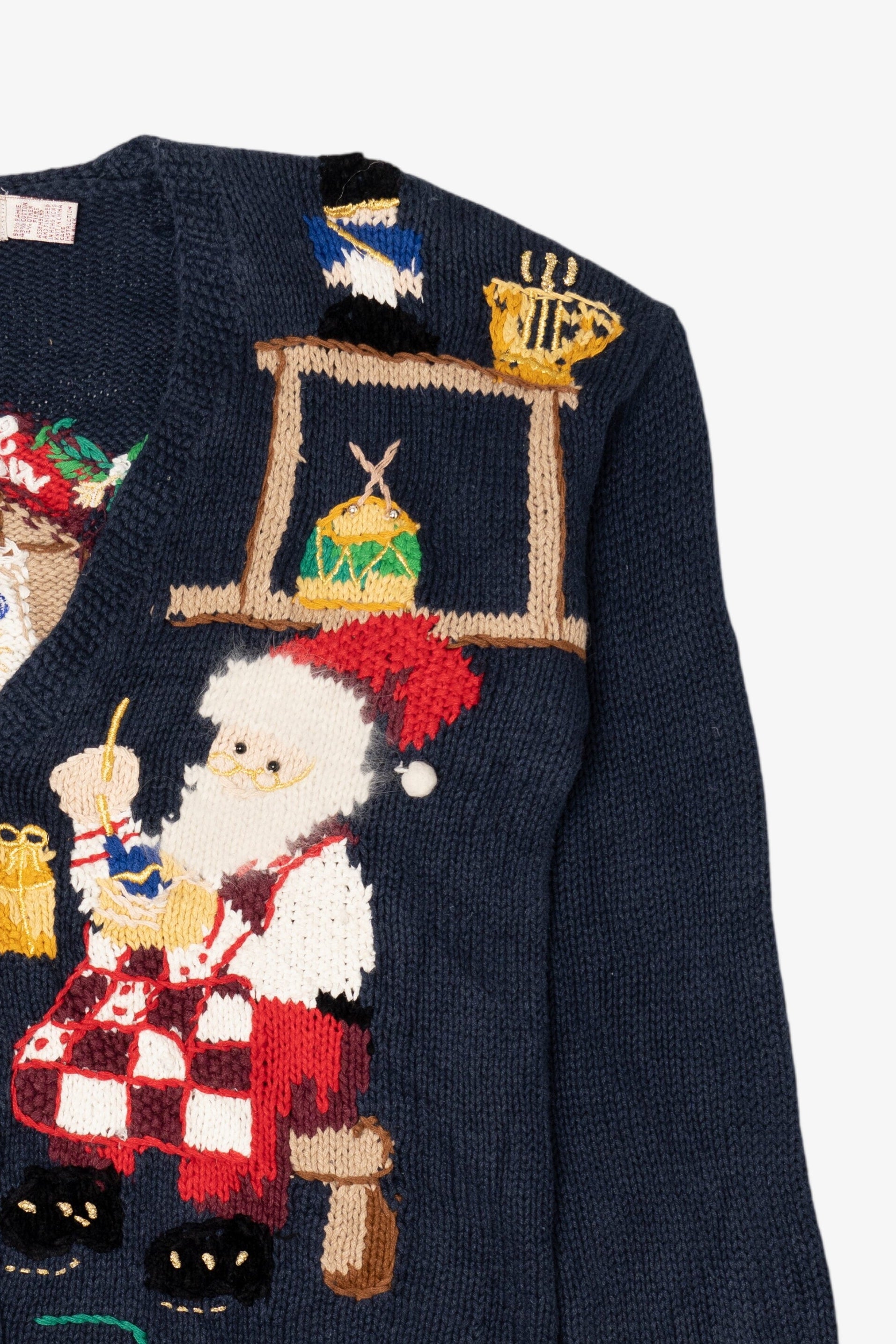 Vintage Navy Blue Lauren Hansen Santa's Workshop Ugly Christmas Cardigan (1990s)