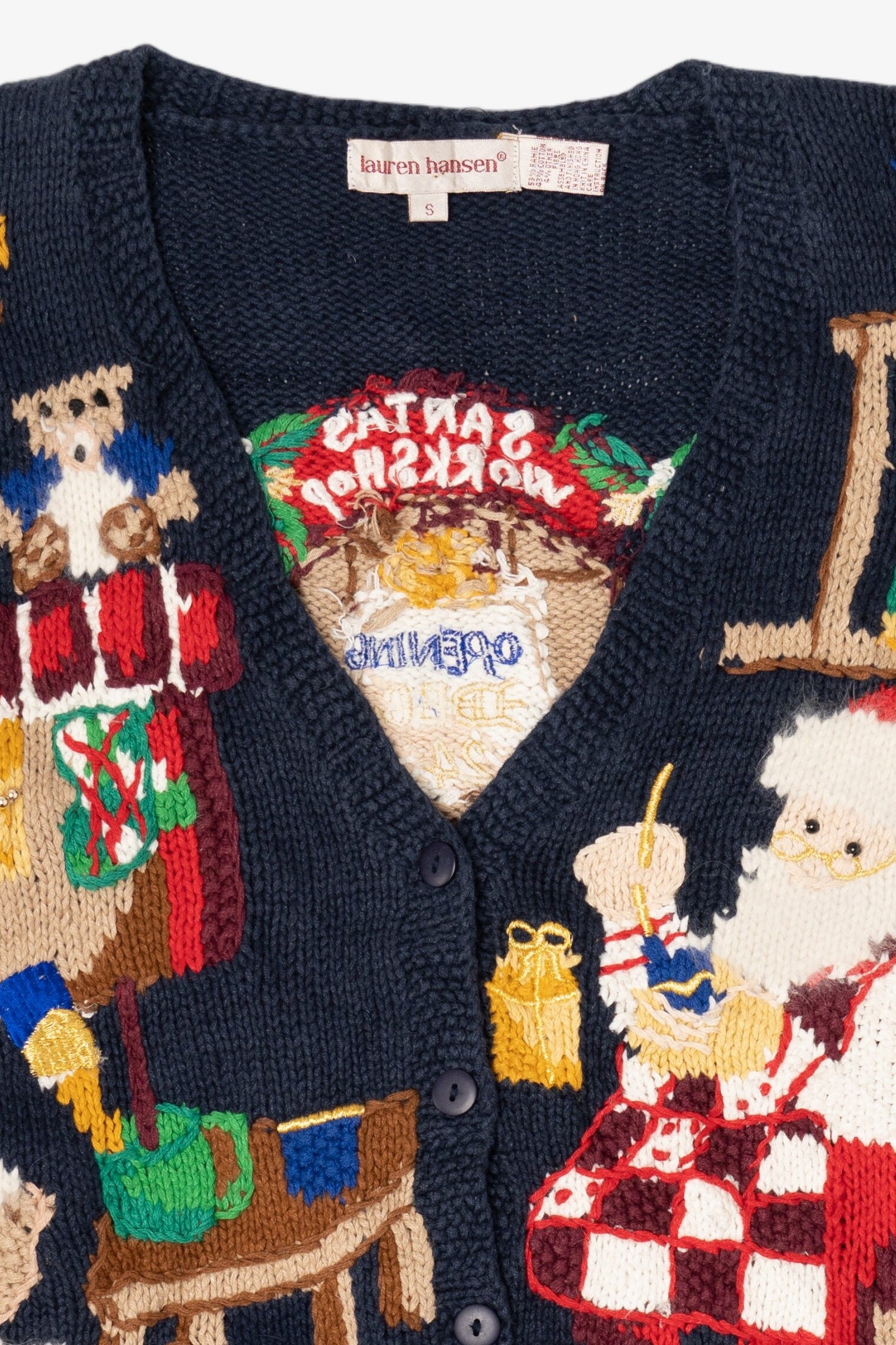 Vintage Navy Blue Lauren Hansen Santa's Workshop Ugly Christmas Cardigan (1990s)