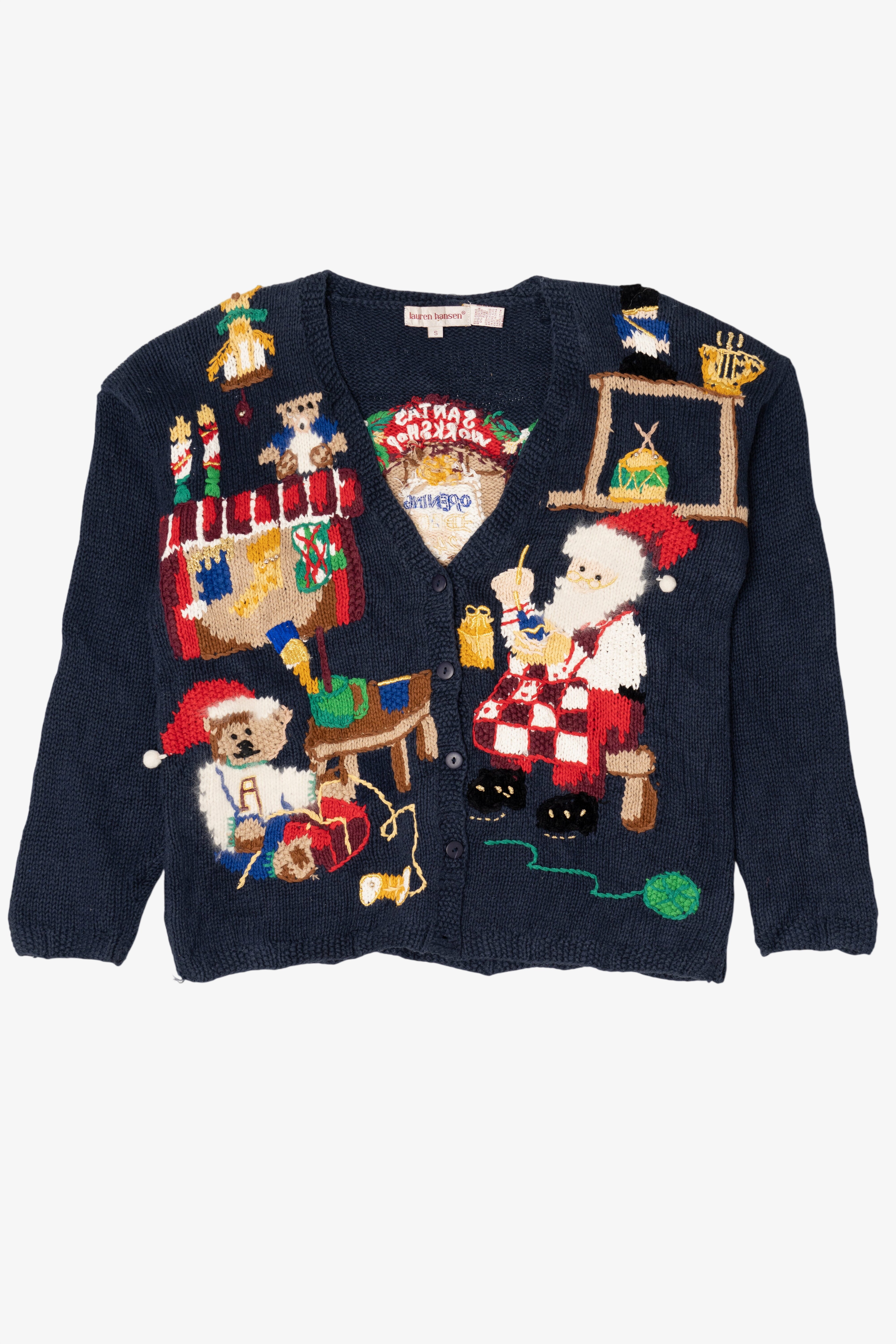 Vintage Navy Blue Lauren Hansen Santa's Workshop Ugly Christmas Cardigan (1990s)
