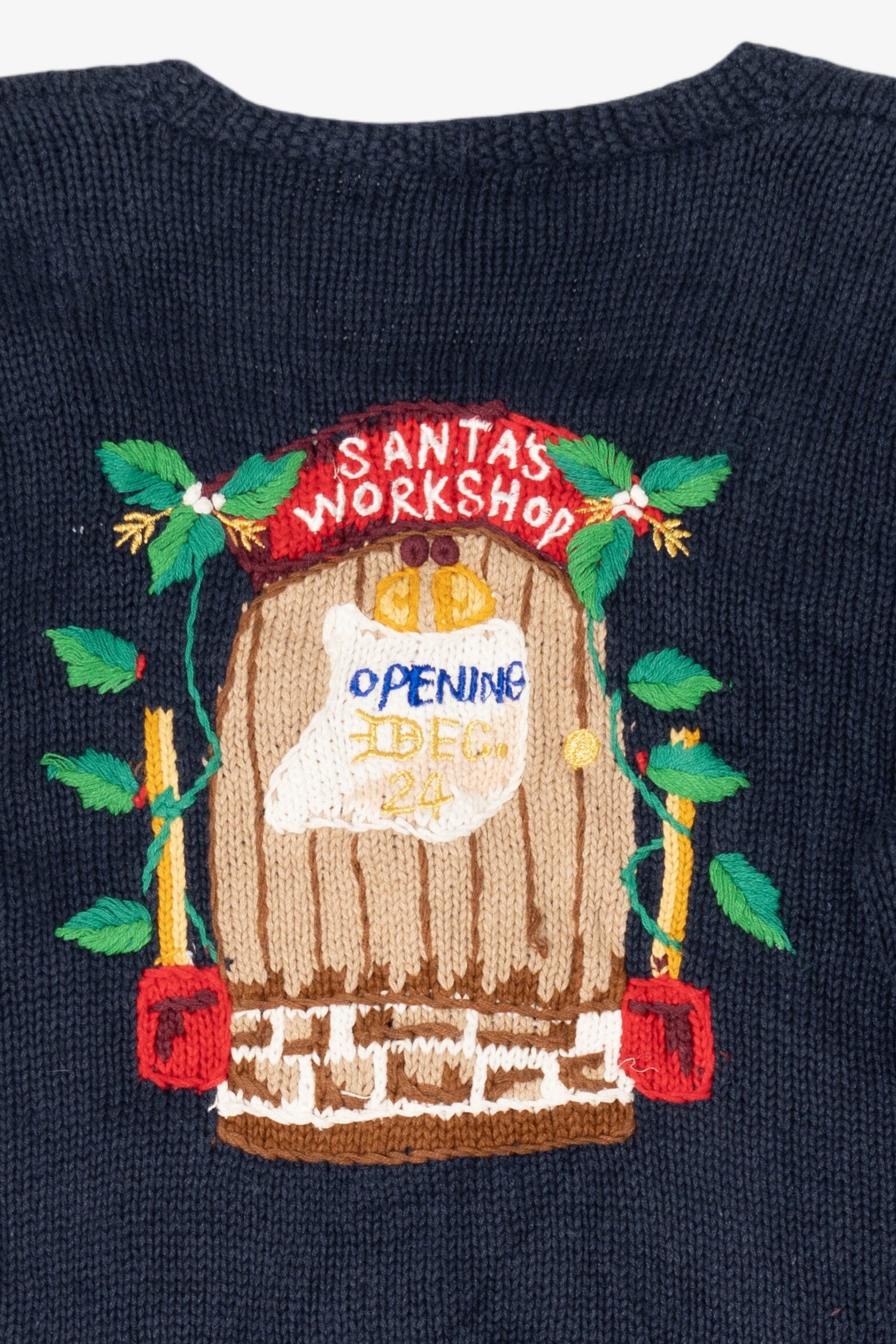 Vintage Navy Blue Lauren Hansen Santa's Workshop Ugly Christmas Cardigan (1990s)