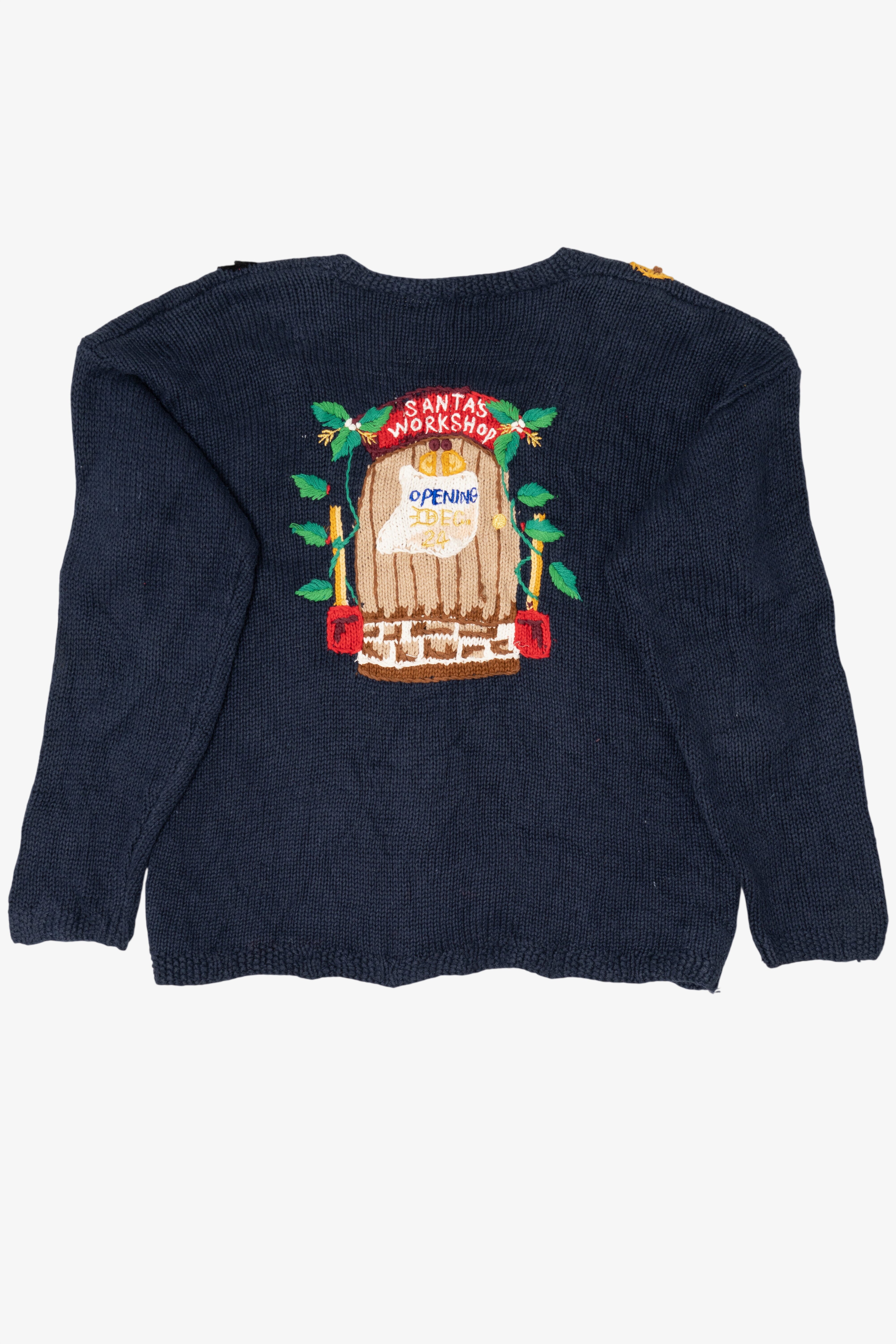 Vintage Navy Blue Lauren Hansen Santa's Workshop Ugly Christmas Cardigan (1990s)