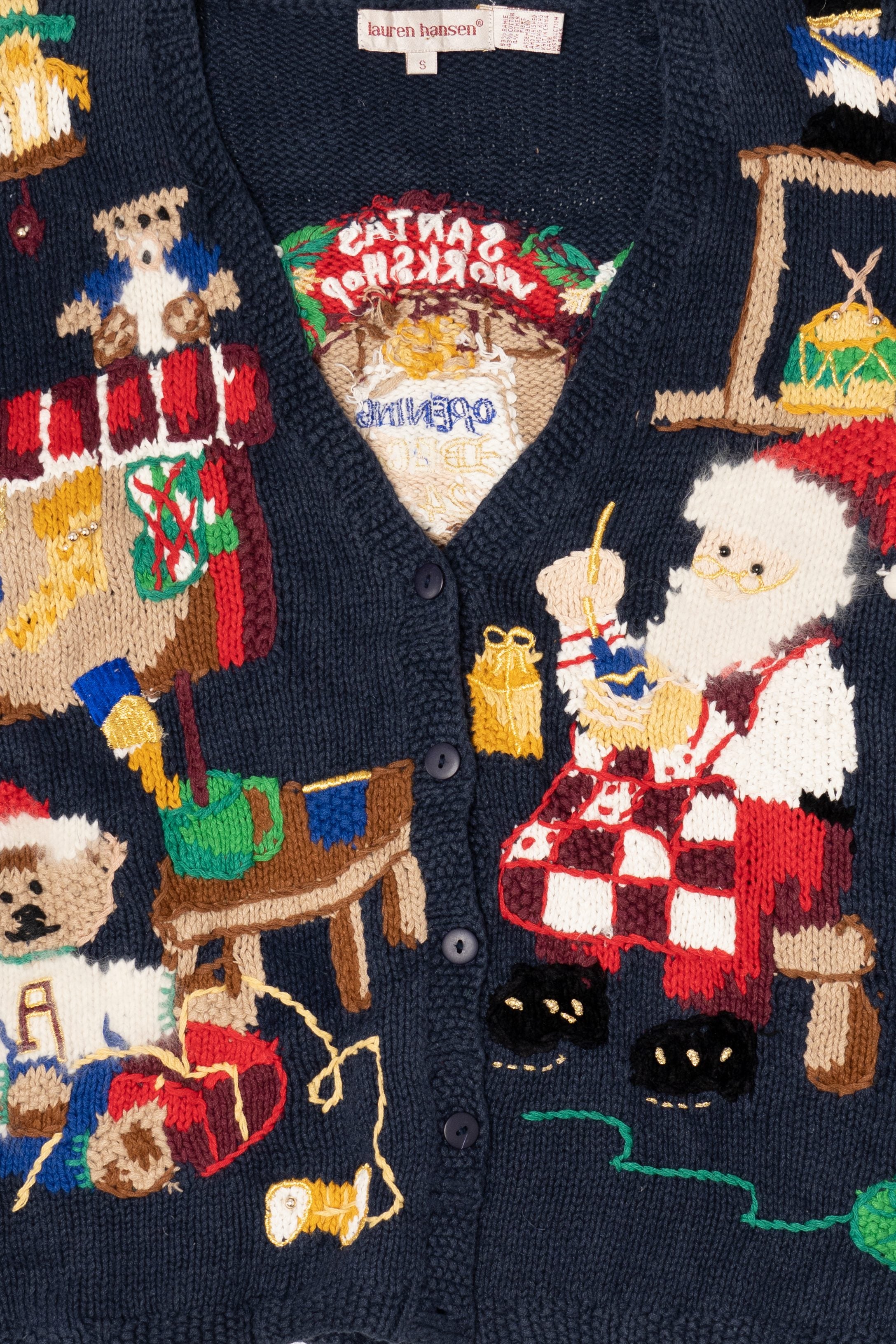 Vintage Navy Blue Lauren Hansen Santa's Workshop Ugly Christmas Cardigan (1990s)