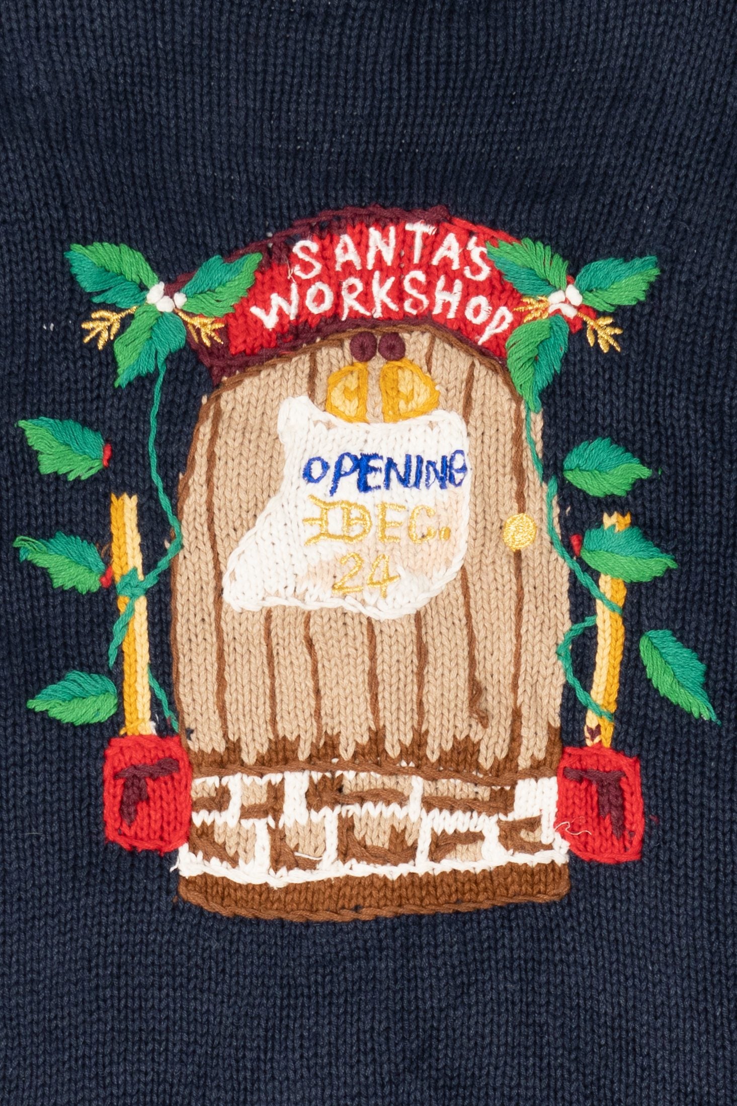 Vintage Navy Blue Lauren Hansen Santa's Workshop Ugly Christmas Cardigan (1990s)