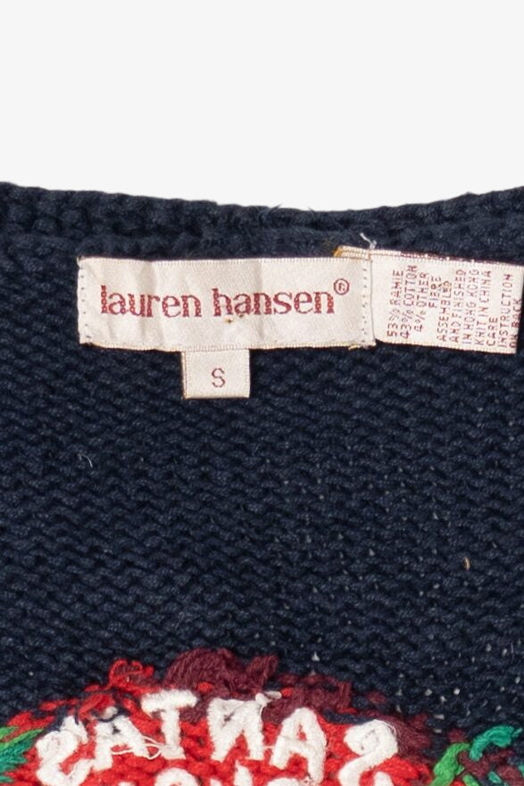 Vintage Navy Blue Lauren Hansen Santa's Workshop Ugly Christmas Cardigan (1990s)