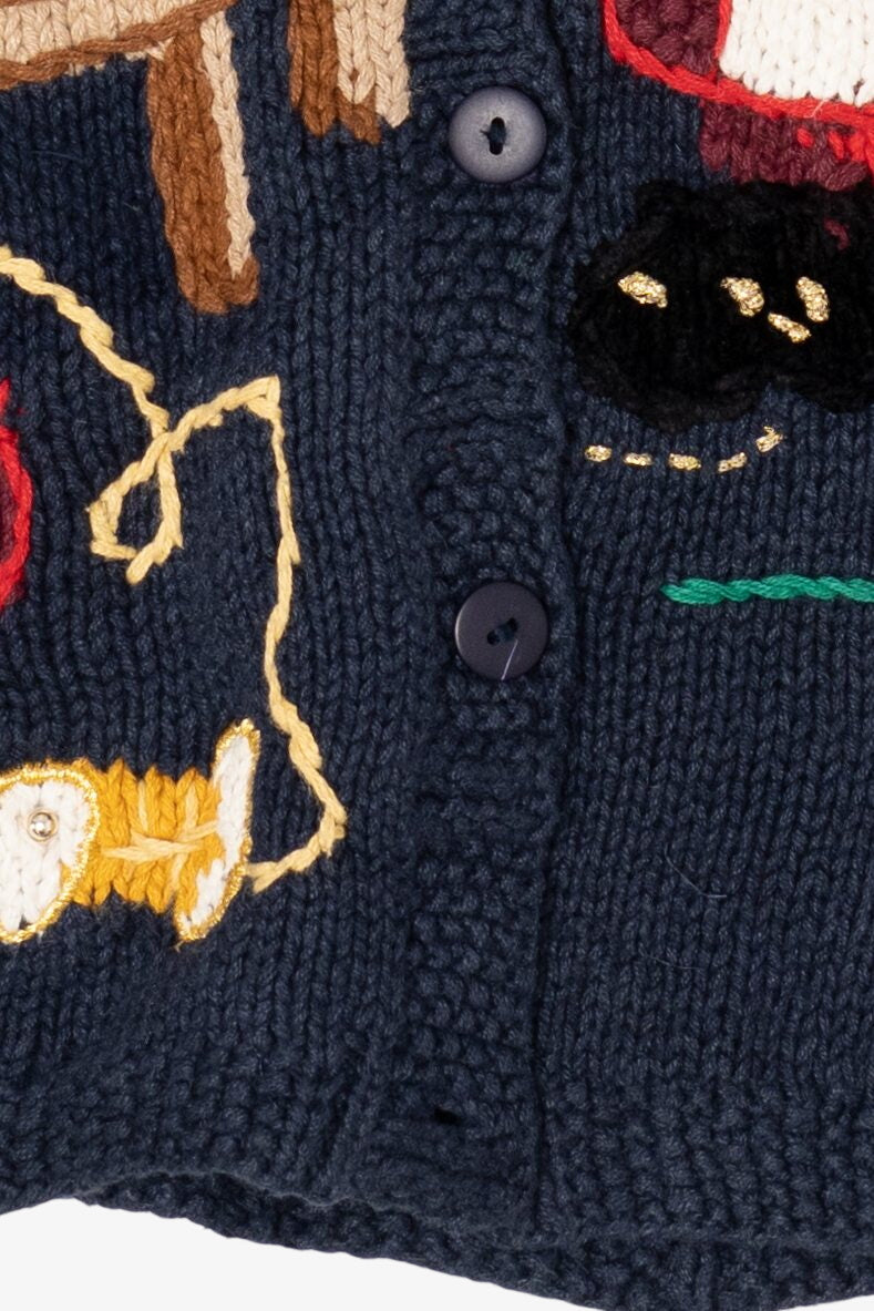Vintage Navy Blue Lauren Hansen Santa's Workshop Ugly Christmas Cardigan (1990s)