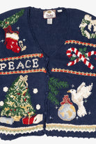 Vintage Navy Blue Tiara International "Peace" Ugly Christmas Cardigan (1990s)