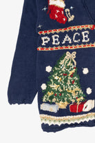 Vintage Navy Blue Tiara International "Peace" Ugly Christmas Cardigan (1990s)