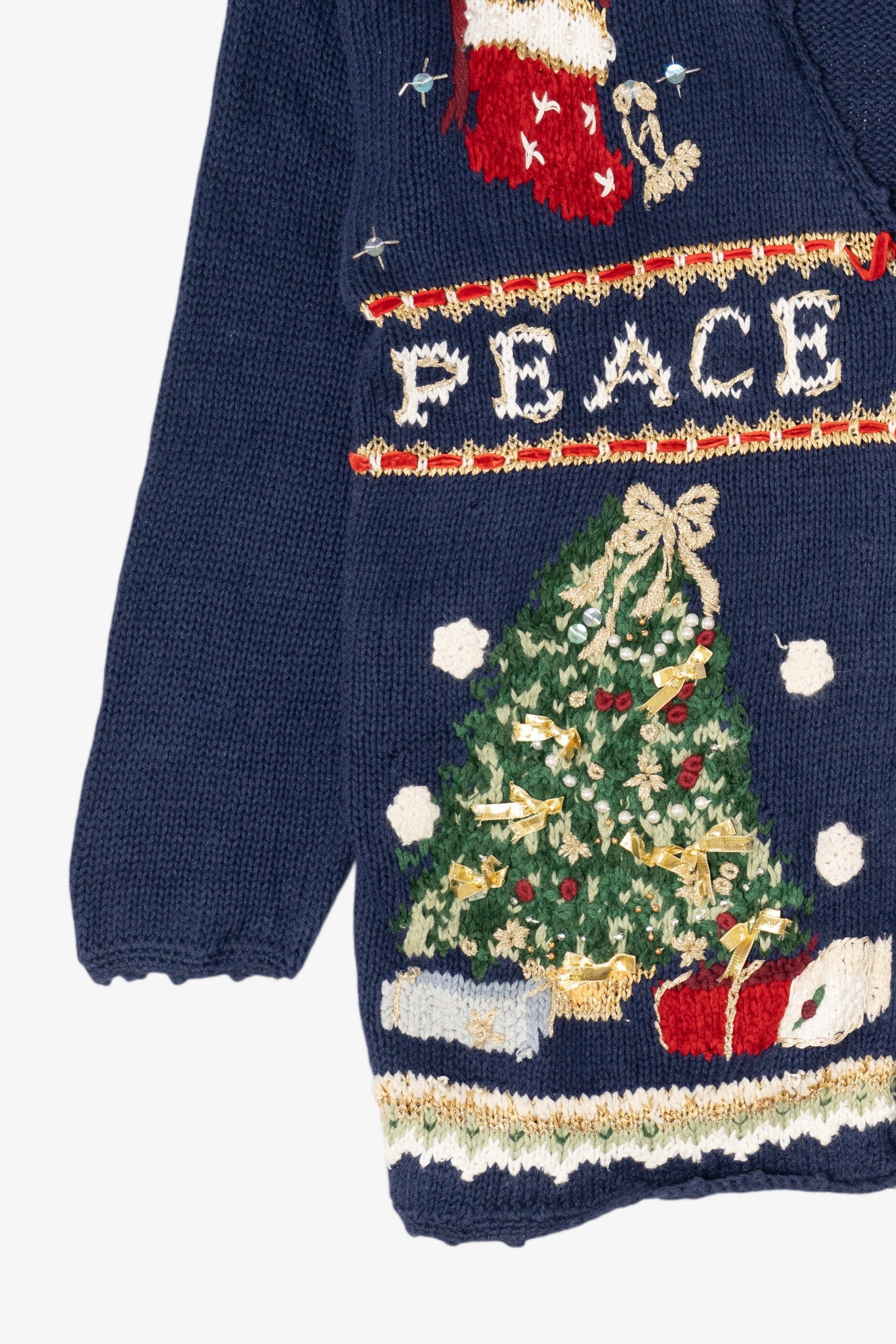 Vintage Navy Blue Tiara International "Peace" Ugly Christmas Cardigan (1990s)