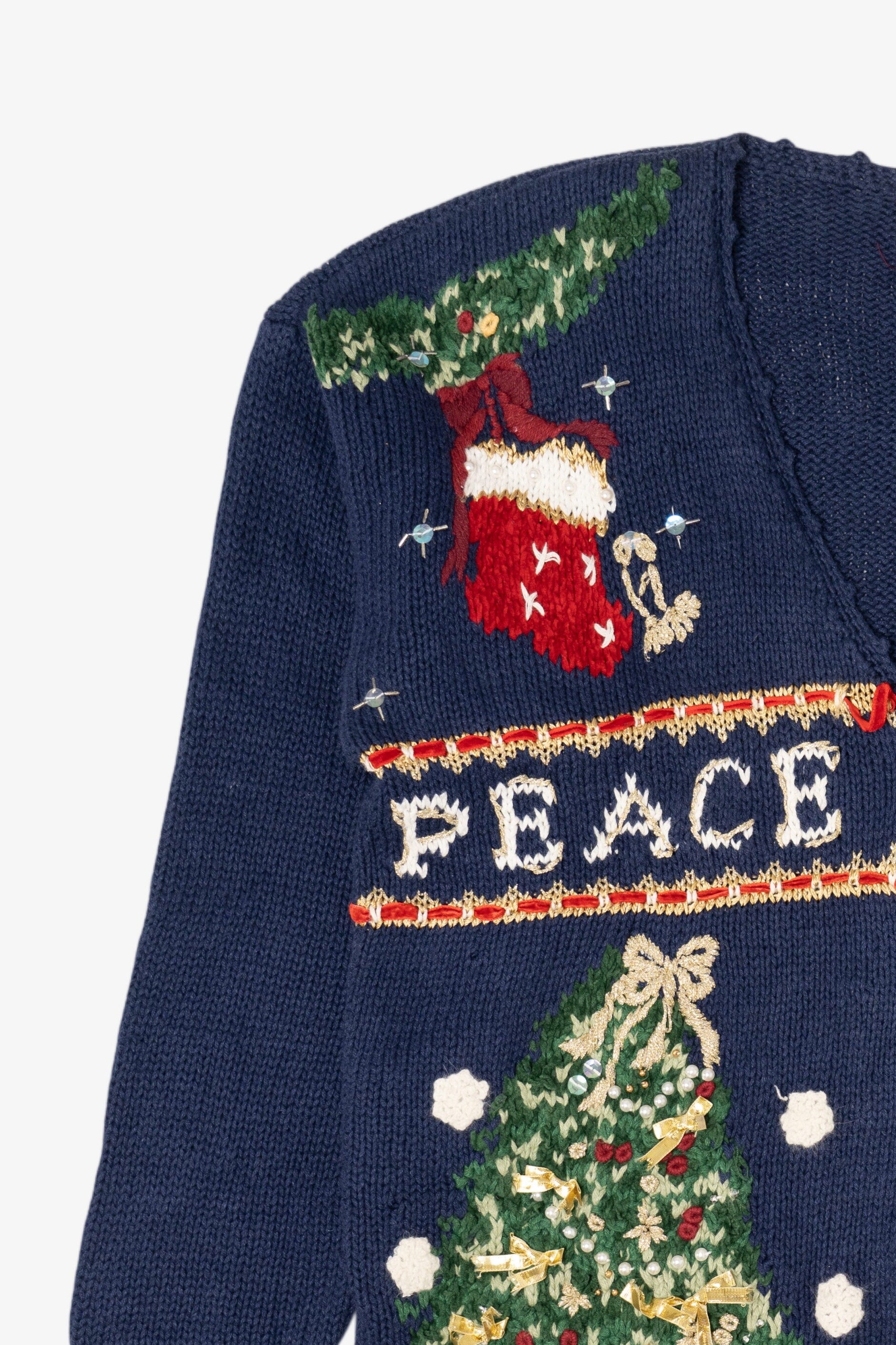 Vintage Navy Blue Tiara International "Peace" Ugly Christmas Cardigan (1990s)