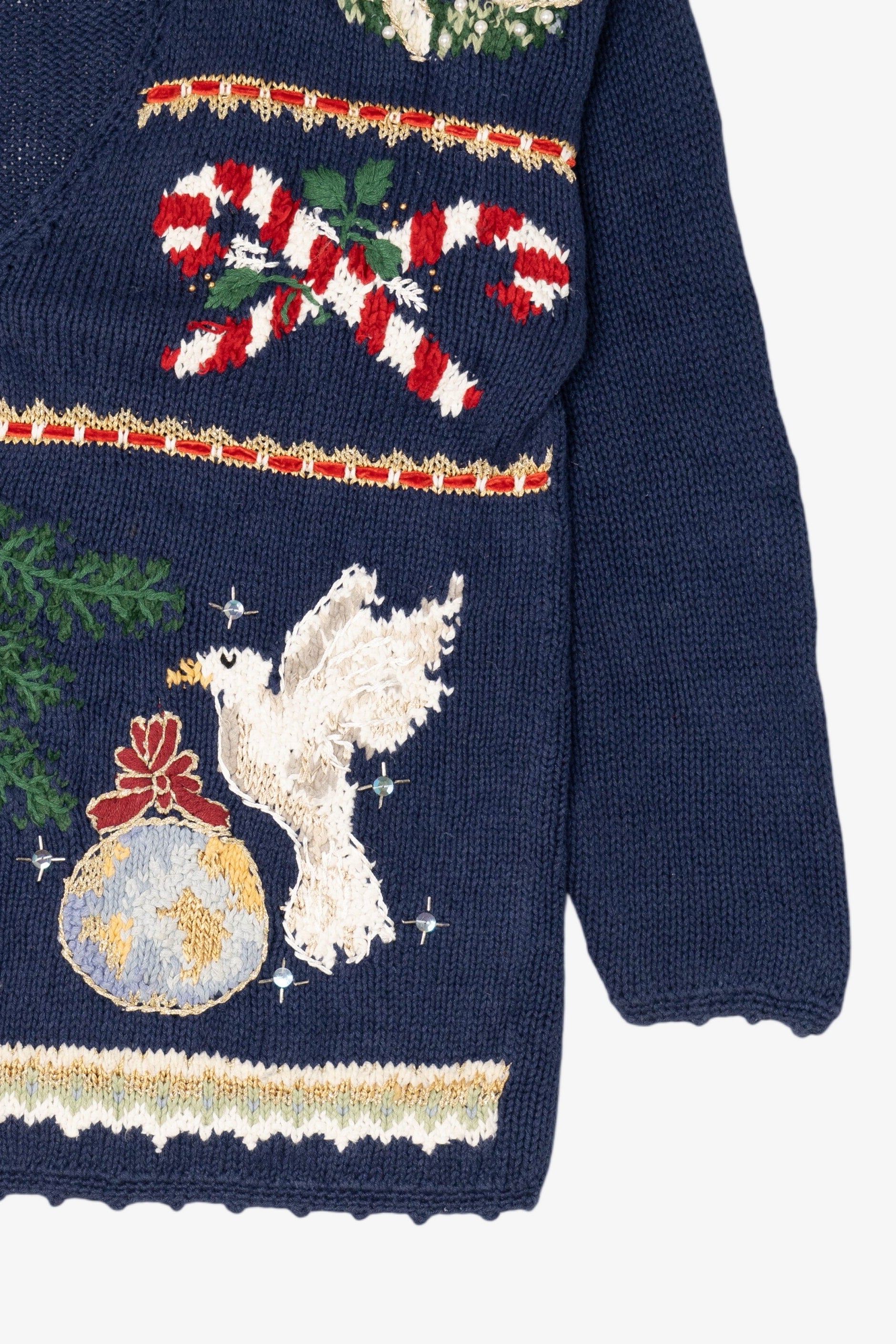 Vintage Navy Blue Tiara International "Peace" Ugly Christmas Cardigan (1990s)
