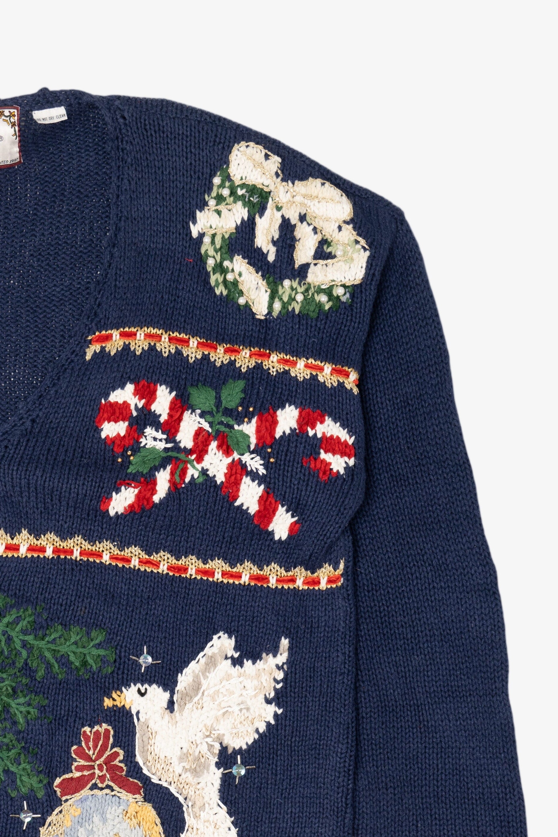 Vintage Navy Blue Tiara International "Peace" Ugly Christmas Cardigan (1990s)