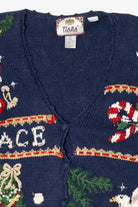Vintage Navy Blue Tiara International "Peace" Ugly Christmas Cardigan (1990s)