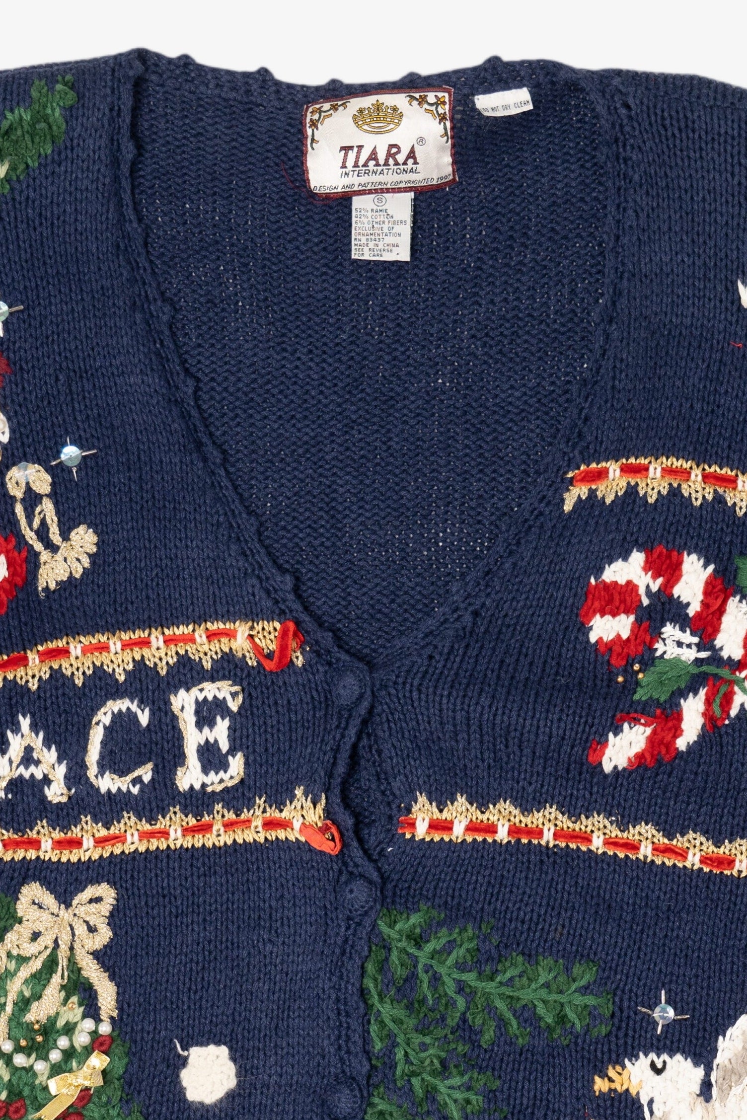 Vintage Navy Blue Tiara International "Peace" Ugly Christmas Cardigan (1990s)