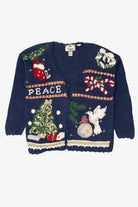 Vintage Navy Blue Tiara International "Peace" Ugly Christmas Cardigan (1990s)