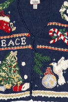 Vintage Navy Blue Tiara International "Peace" Ugly Christmas Cardigan (1990s)
