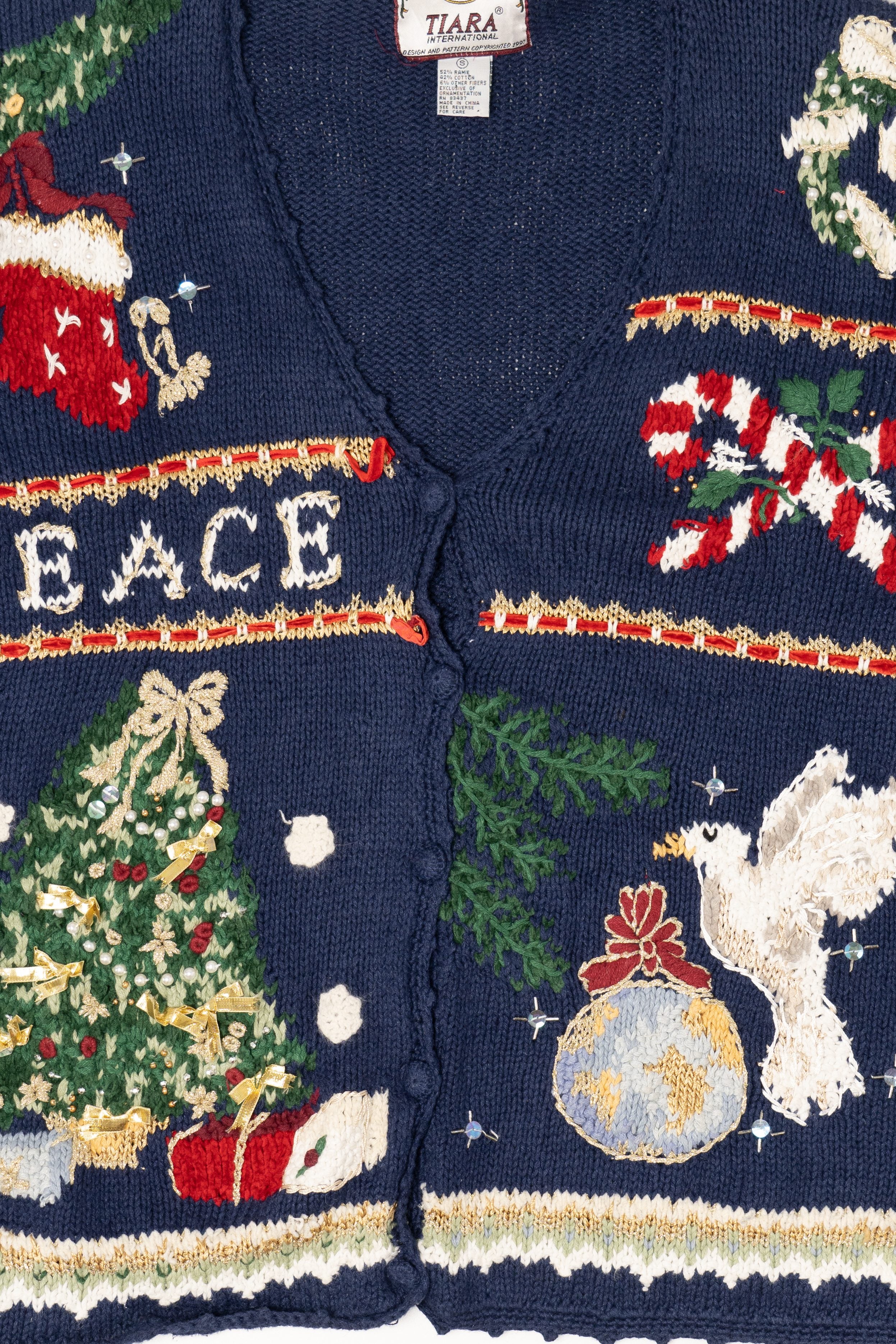 Vintage Navy Blue Tiara International "Peace" Ugly Christmas Cardigan (1990s)