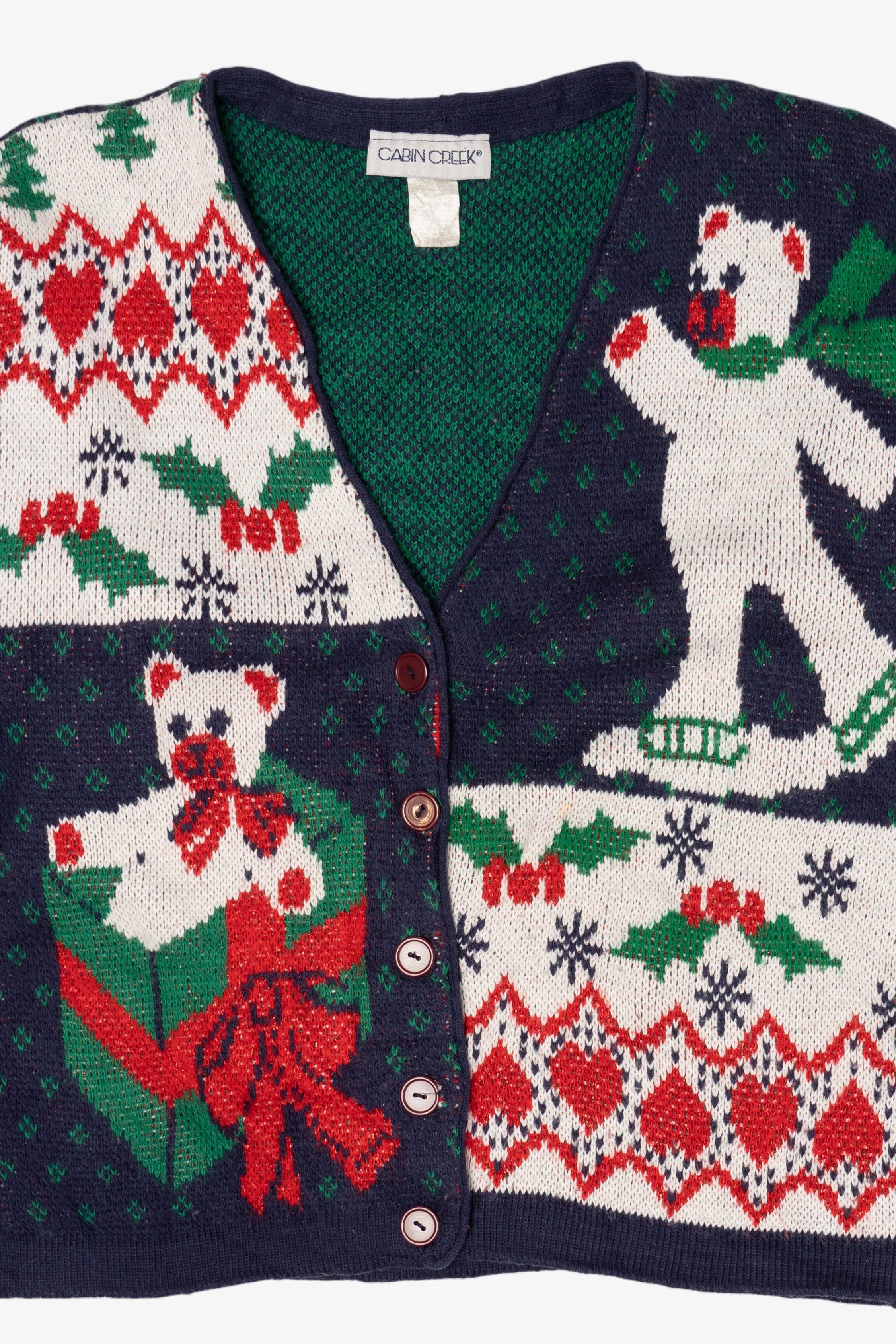 Vintage Navy Blue Cabin Creek Teddy Bears Ugly Christmas Cardigan (1990s)