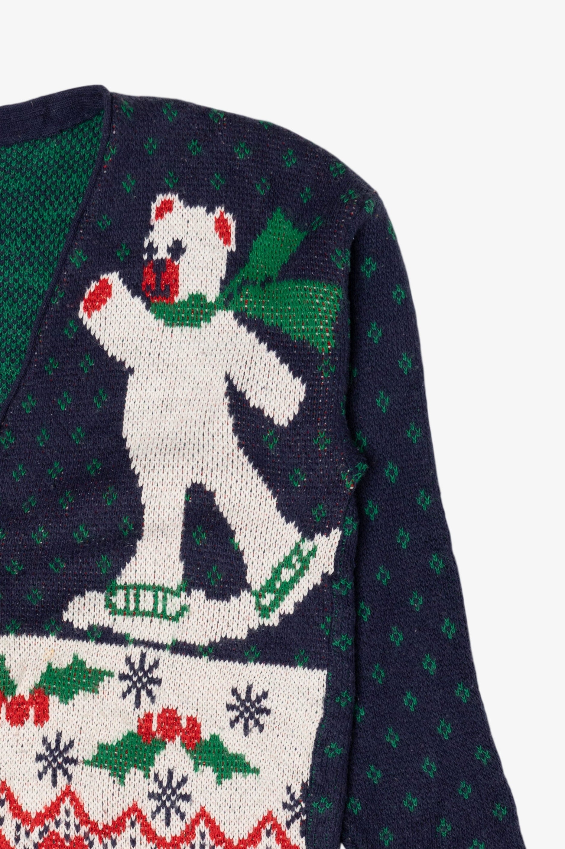 Vintage Navy Blue Cabin Creek Teddy Bears Ugly Christmas Cardigan (1990s)