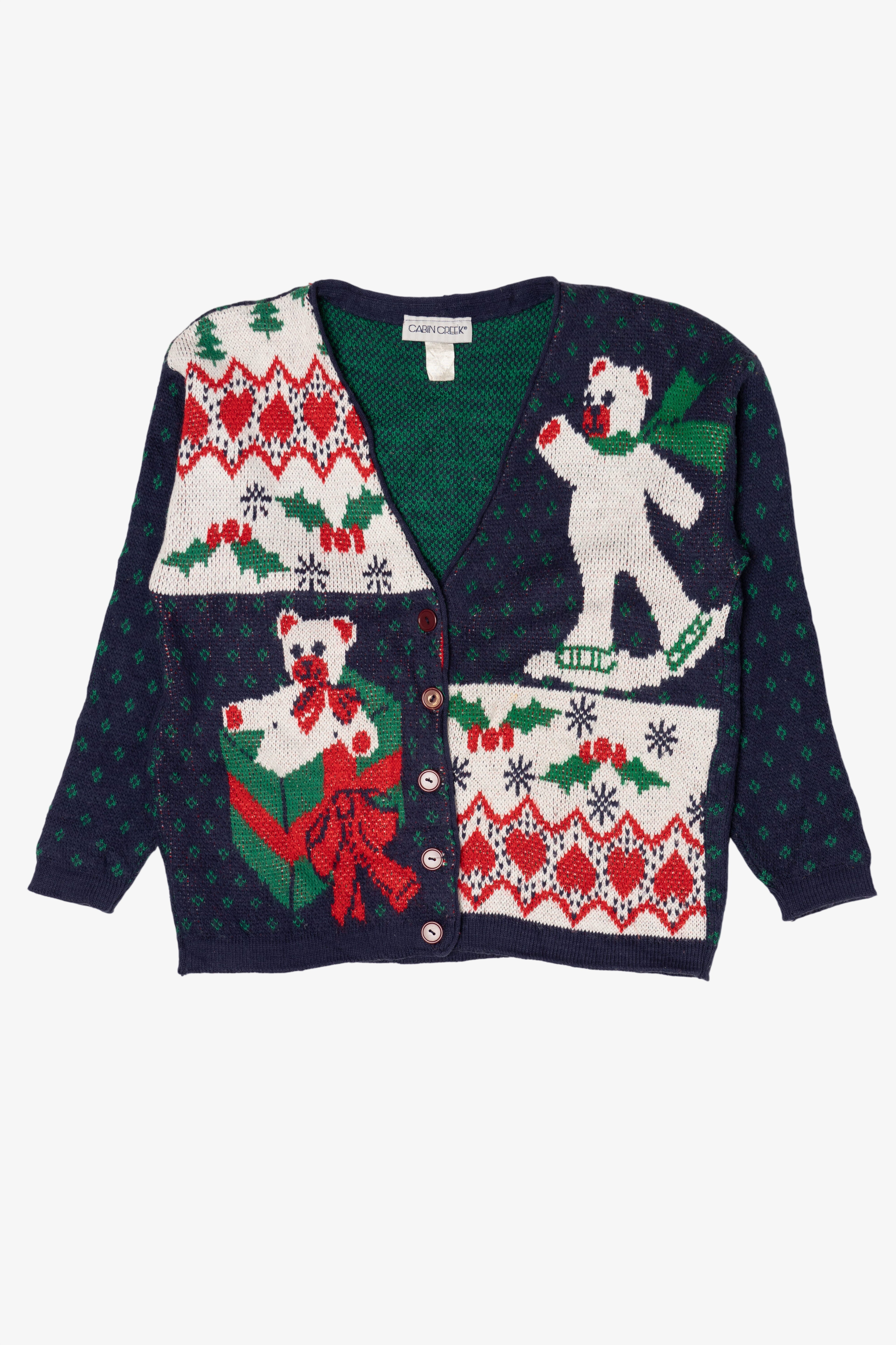 Vintage Navy Blue Cabin Creek Teddy Bears Ugly Christmas Cardigan (1990s)