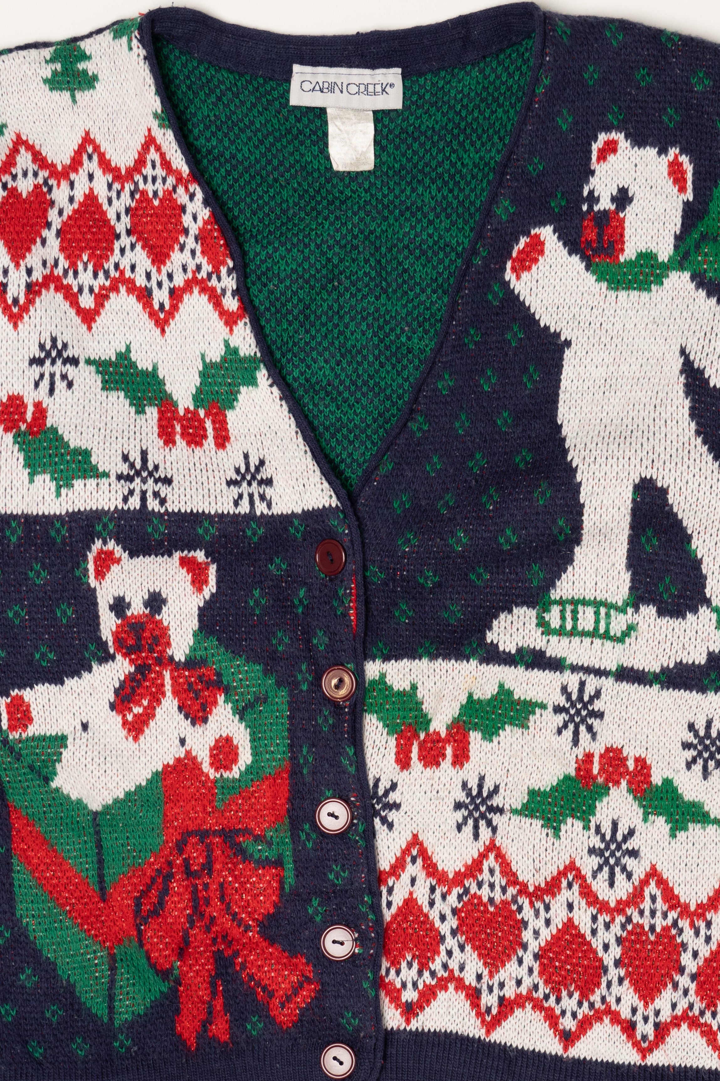 Vintage Navy Blue Cabin Creek Teddy Bears Ugly Christmas Cardigan (1990s)