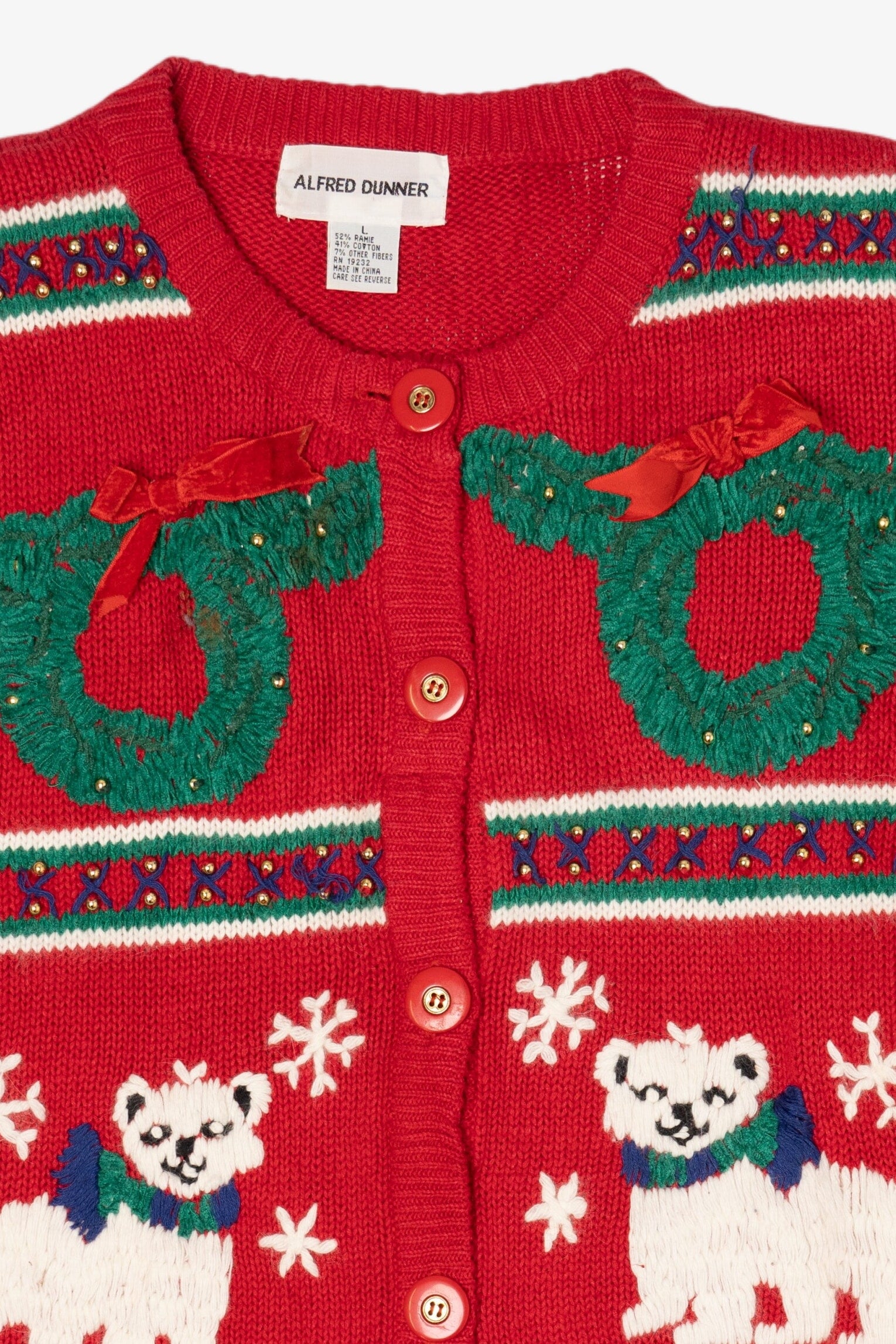 Vintage Red Alfred Dunner Polar Bears Ugly Christmas Cardigan (1990s)