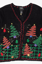Vintage Black Designers Originals Studio Trees And Snowmen Ugly Christmas Cardigan (1990s)