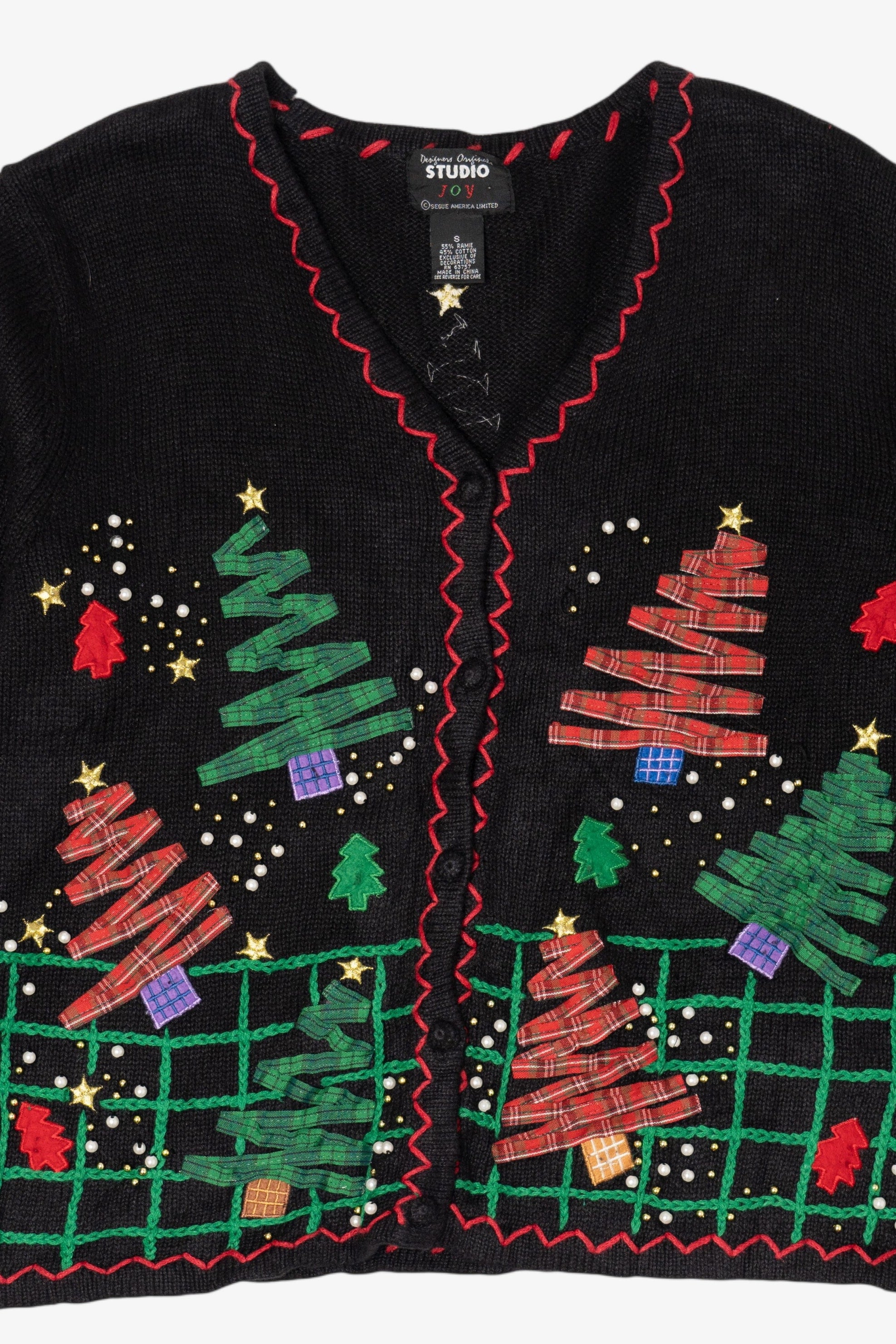 Vintage Black Designers Originals Studio Trees And Snowmen Ugly Christmas Cardigan (1990s)
