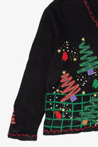 Vintage Black Designers Originals Studio Trees And Snowmen Ugly Christmas Cardigan (1990s)