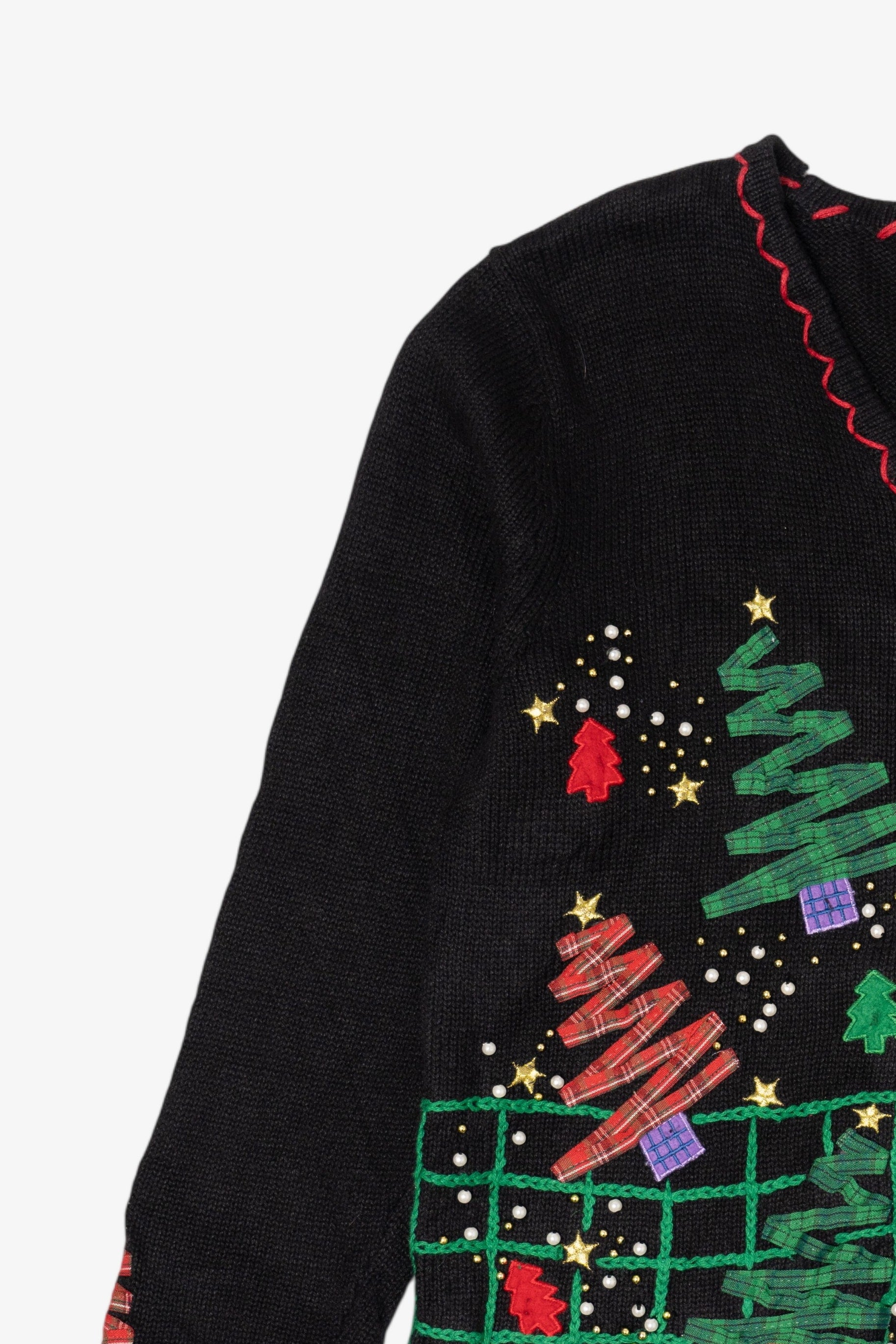 Vintage Black Designers Originals Studio Trees And Snowmen Ugly Christmas Cardigan (1990s)