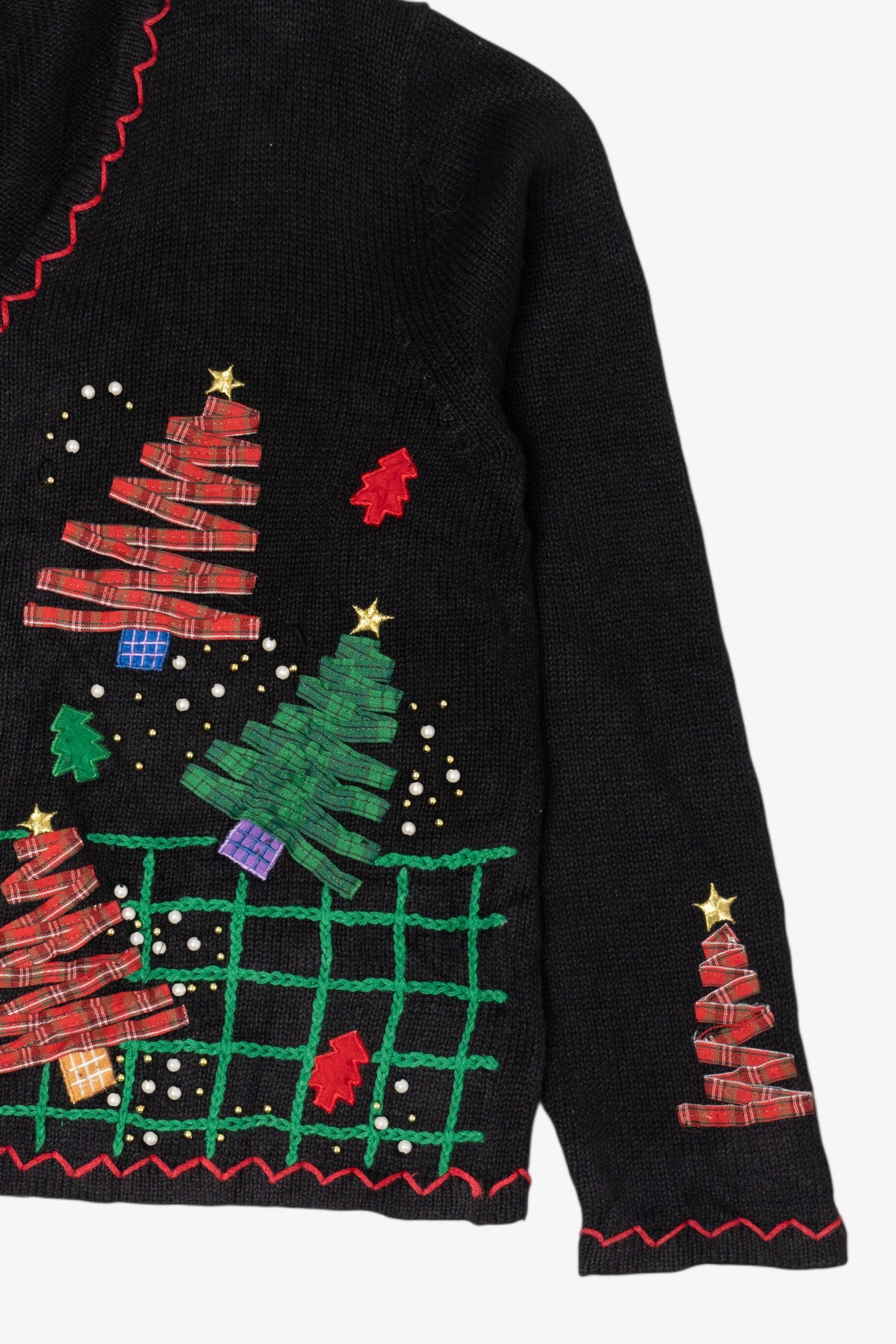 Vintage Black Designers Originals Studio Trees And Snowmen Ugly Christmas Cardigan (1990s)