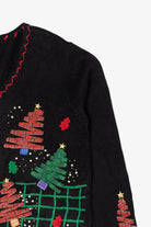 Vintage Black Designers Originals Studio Trees And Snowmen Ugly Christmas Cardigan (1990s)