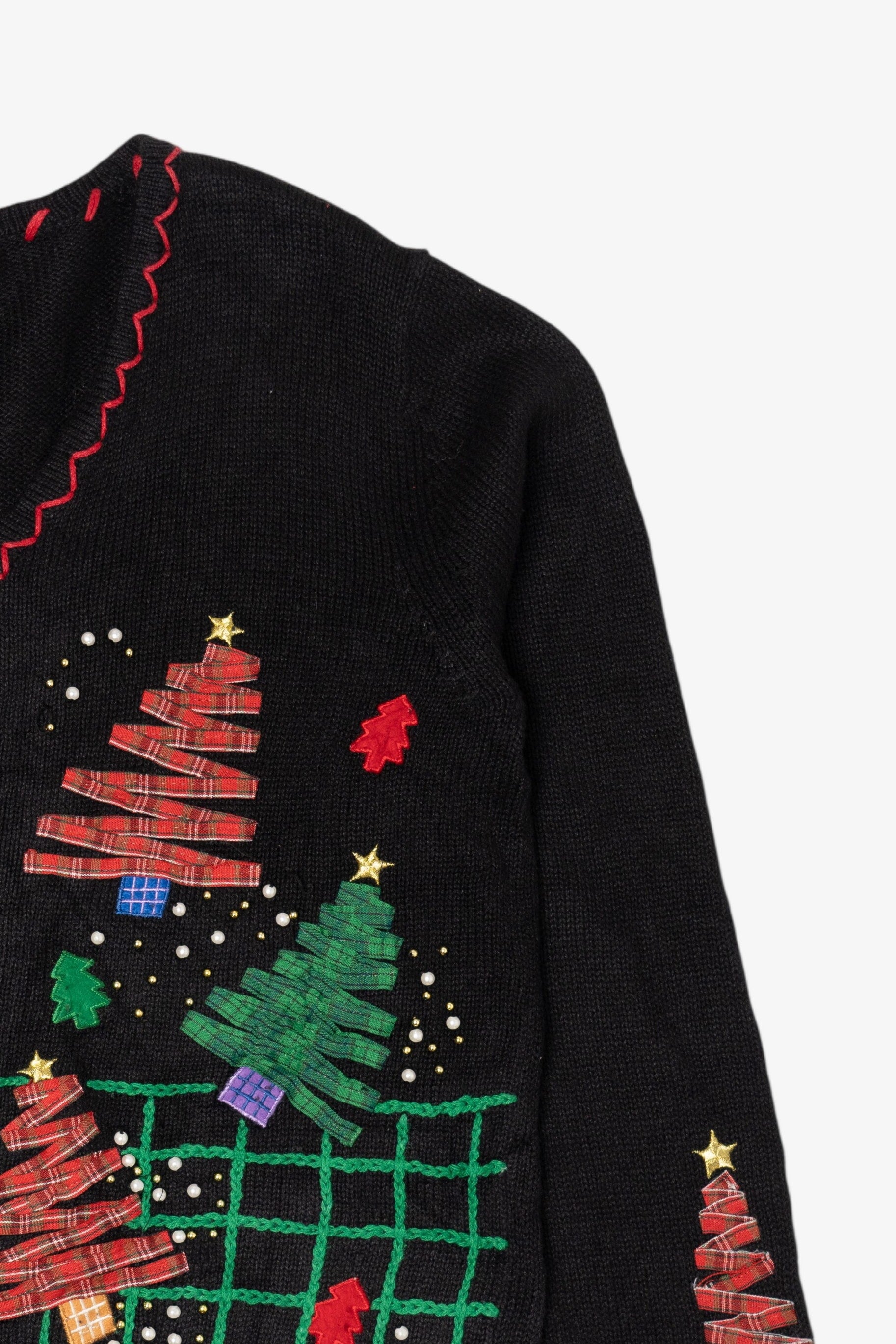 Vintage Black Designers Originals Studio Trees And Snowmen Ugly Christmas Cardigan (1990s)