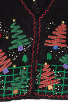 Vintage Black Designers Originals Studio Trees And Snowmen Ugly Christmas Cardigan (1990s)